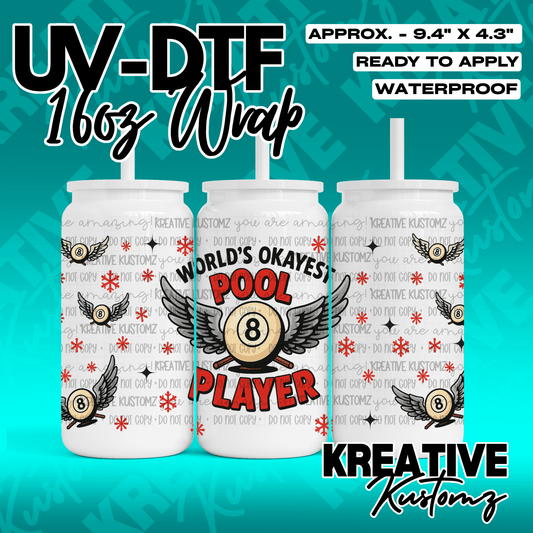 A UV DTF adhesive wrap for 16oz glass cans featuring an eight ball and pool player design.