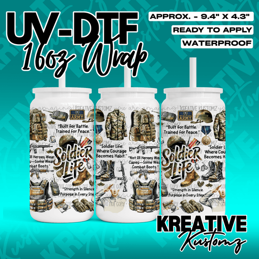 A UV DTF adhesive wrap for 16oz glass cans featuring a United States Army soldier theme.