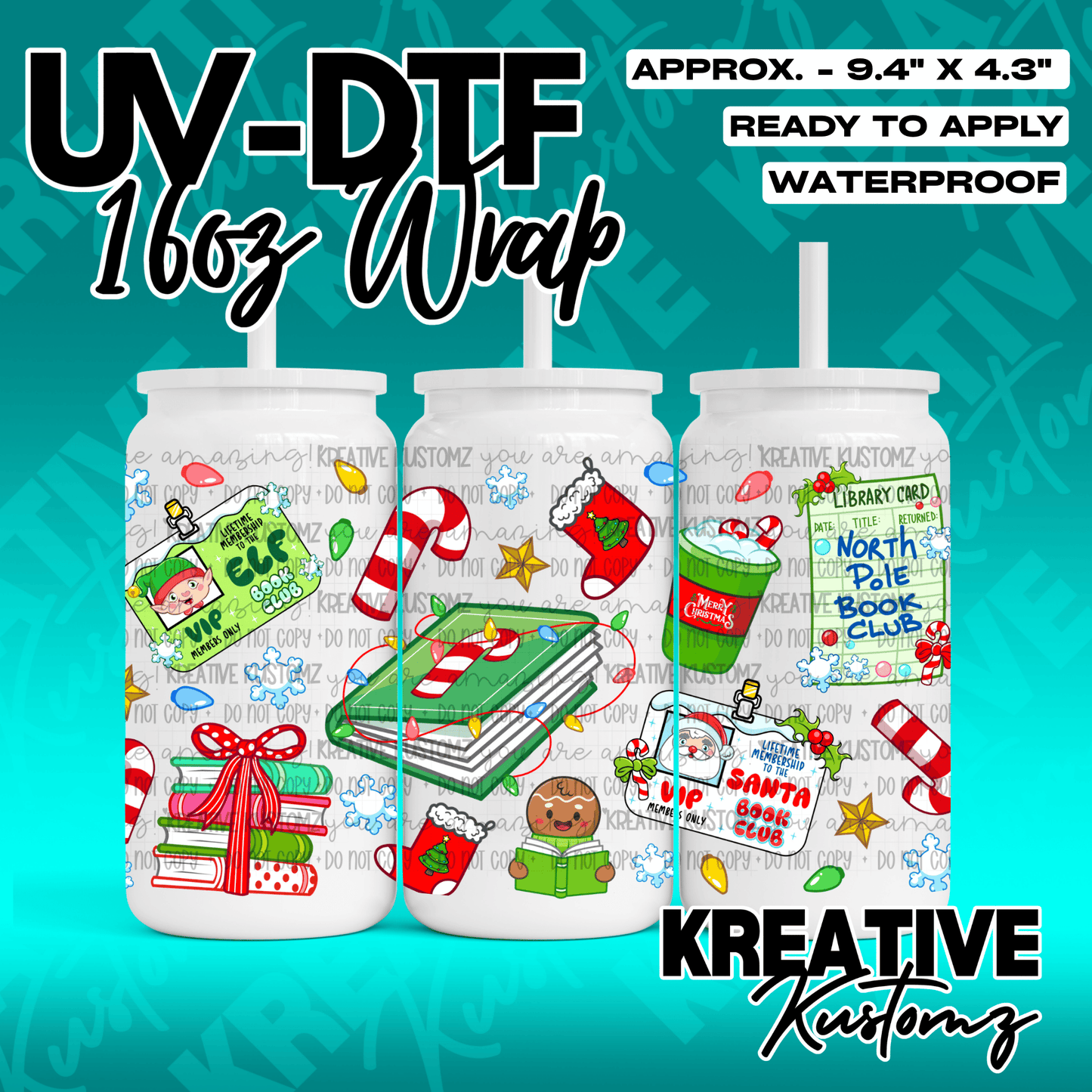 A festive Christmas-themed UV DTF wrap for a 16oz glass can featuring holiday book club designs.