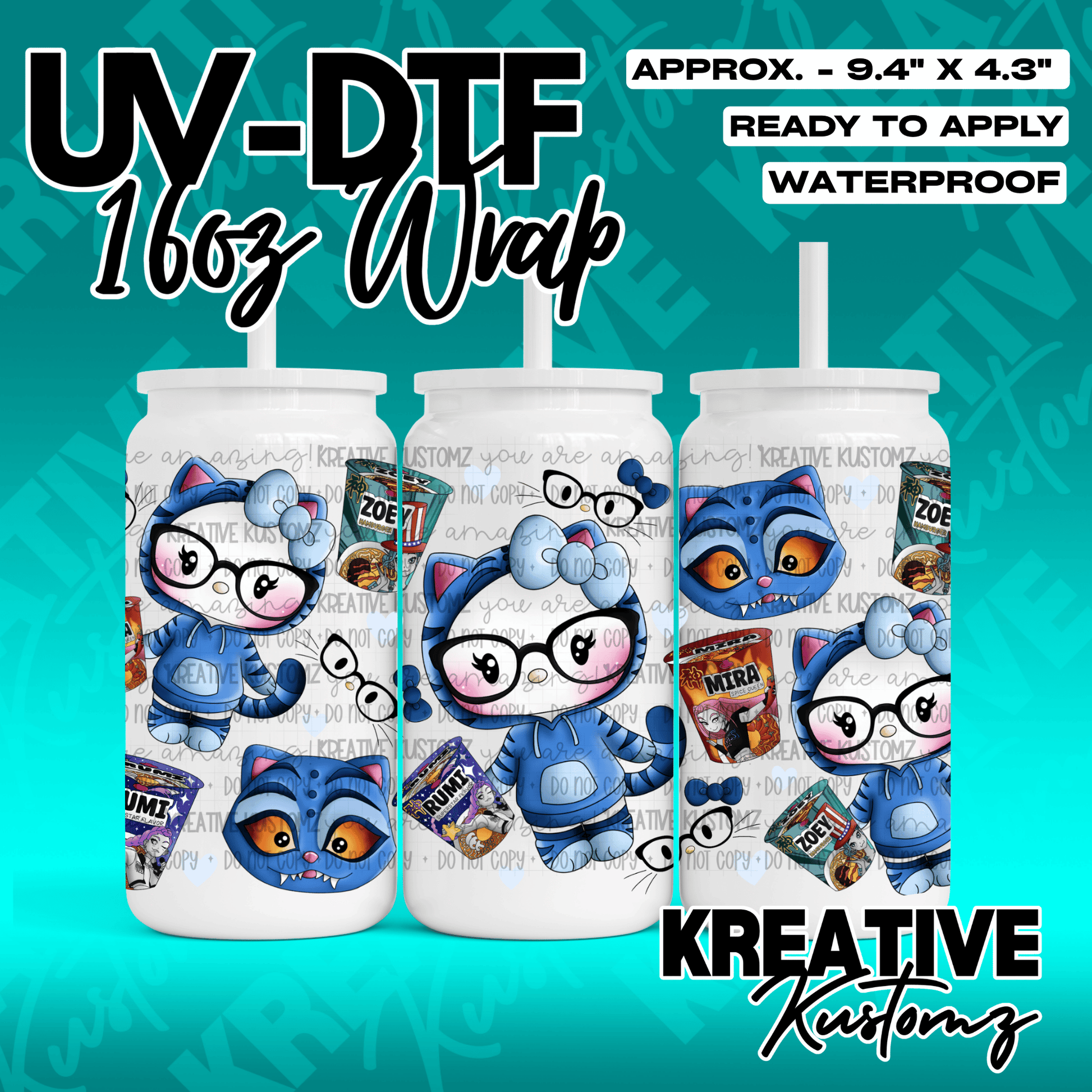 A UV DTF adhesive wrap for 16oz glass cans featuring cartoon cat characters and noodle cups.