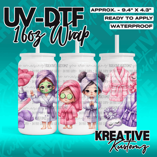 A UV DTF adhesive wrap for a 16oz glass can featuring a spa-themed illustration of girls.