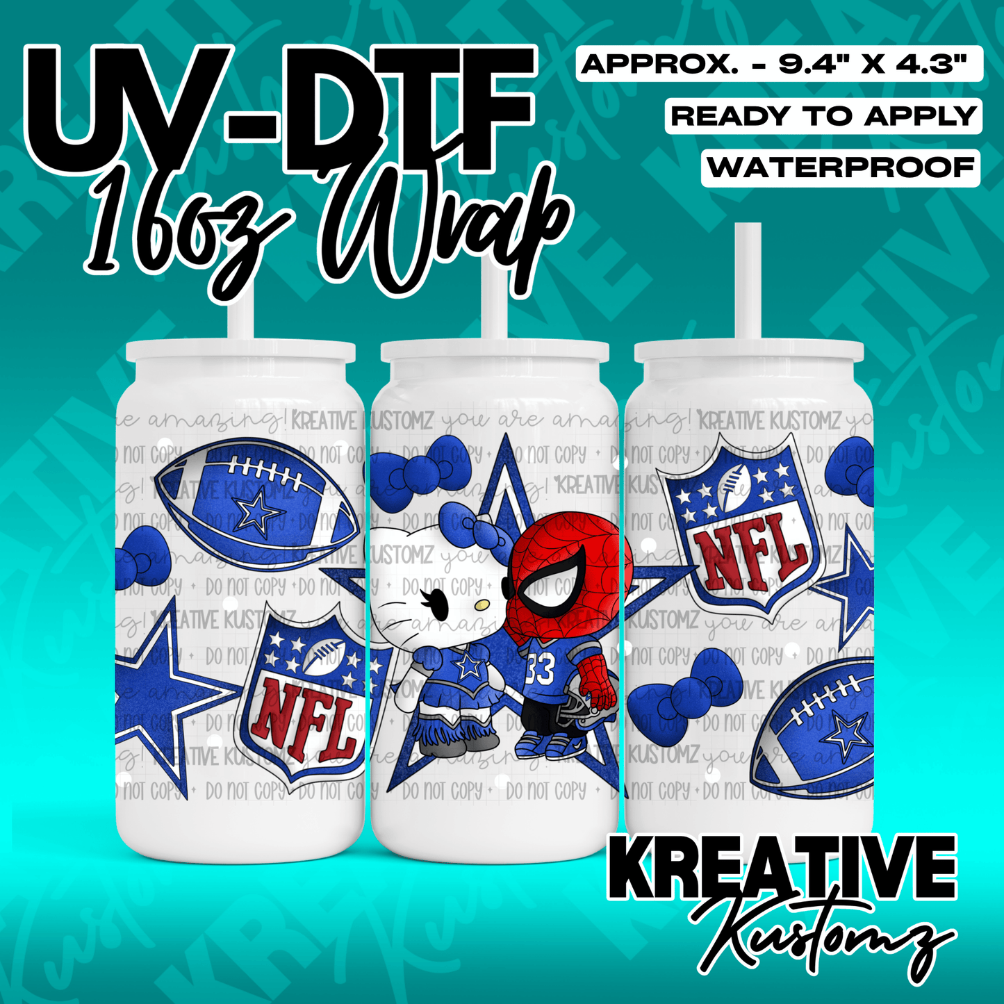 A UV DTF cup wrap featuring Hello Kitty and Spider-Man in Dallas Cowboys gear with NFL logos.