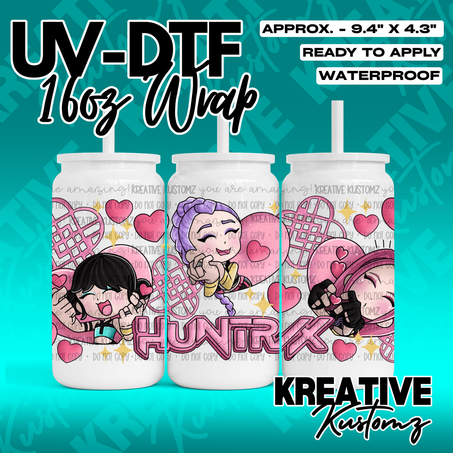 A Valentine themed UV DTF adhesive wrap for 16oz glass cans featuring anime style characters.