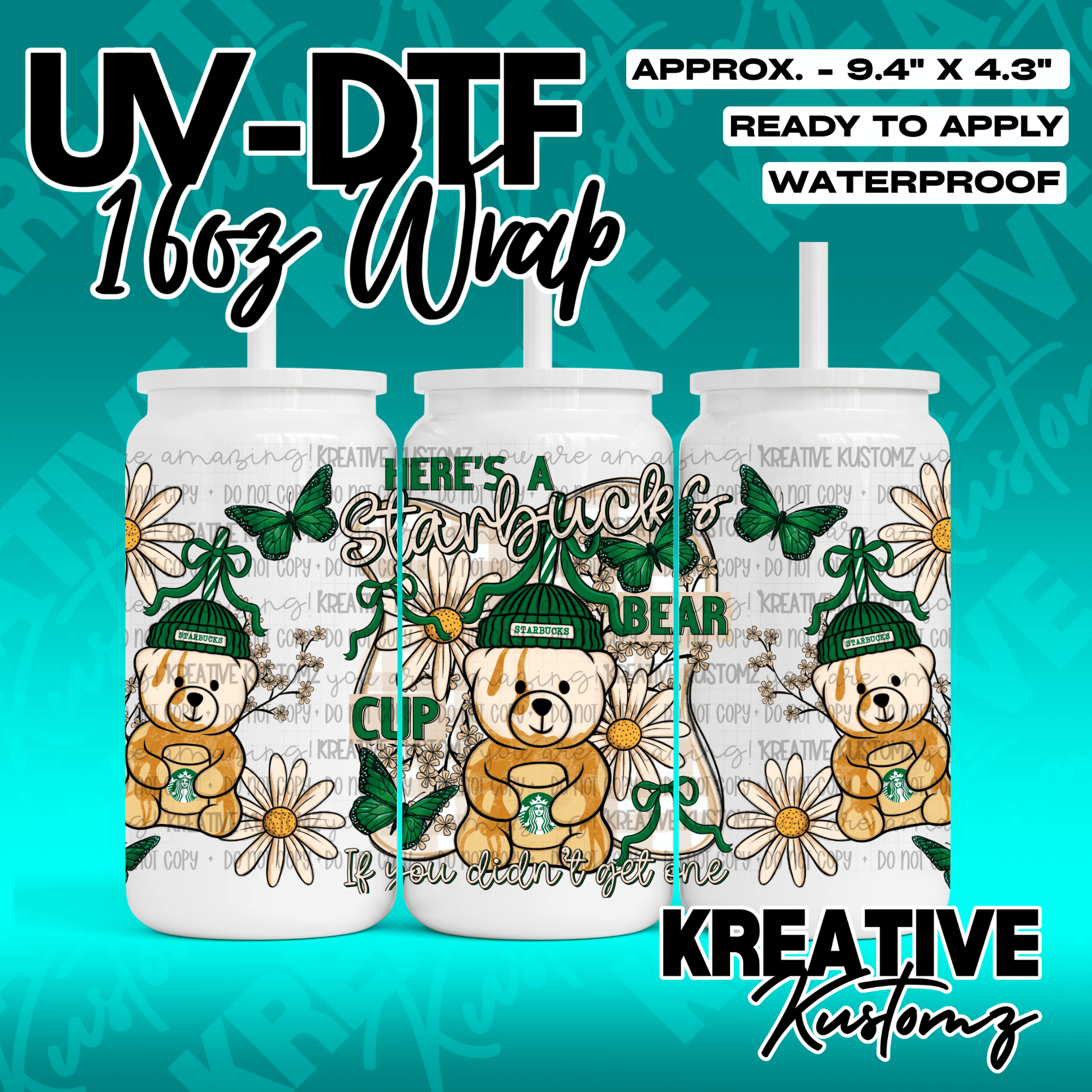 A UV DTF adhesive wrap for 16oz glass cans featuring a teddy bear, butterflies, and daisies.
