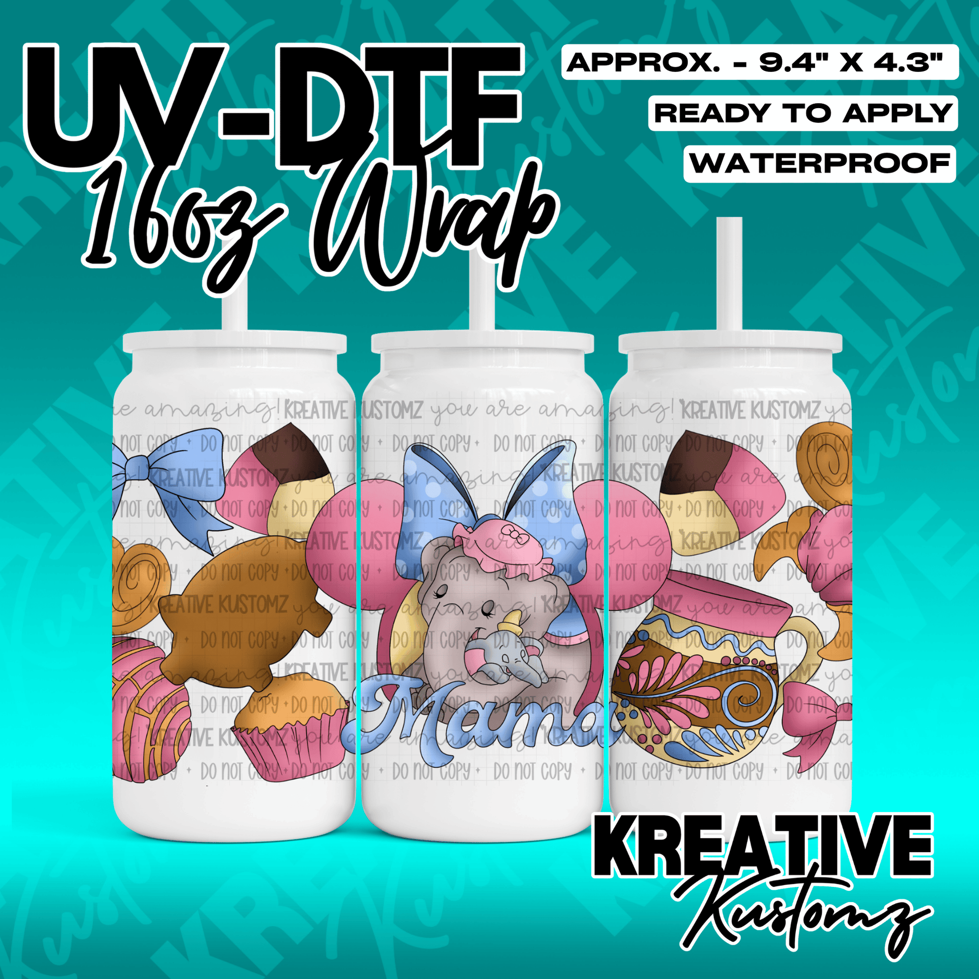 A UV DTF adhesive wrap for 16oz glass cans featuring Dumbo, floral patterns, and a Mama script.