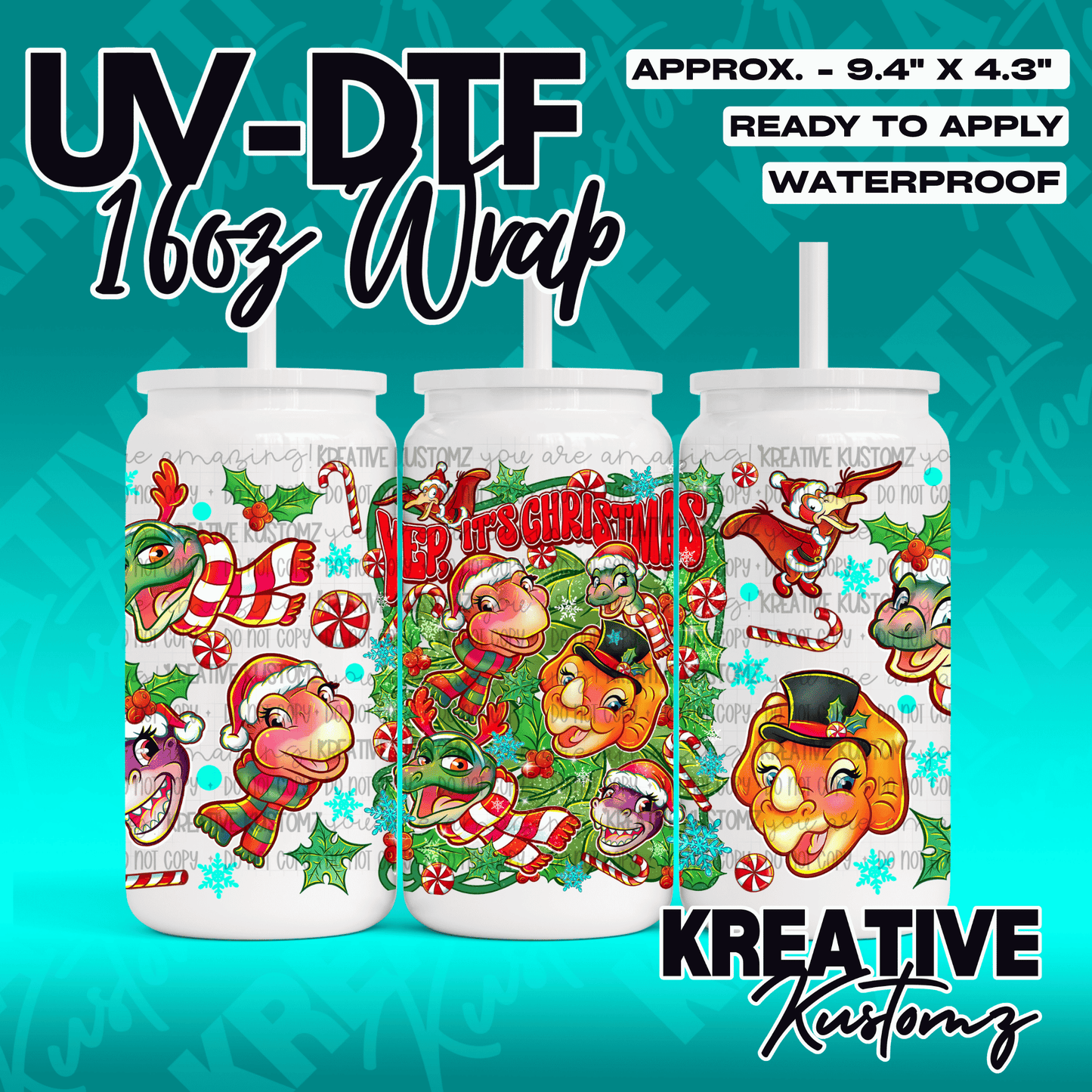 A festive Christmas-themed UV DTF wrap for a 16oz glass can featuring cartoon dinosaurs.
