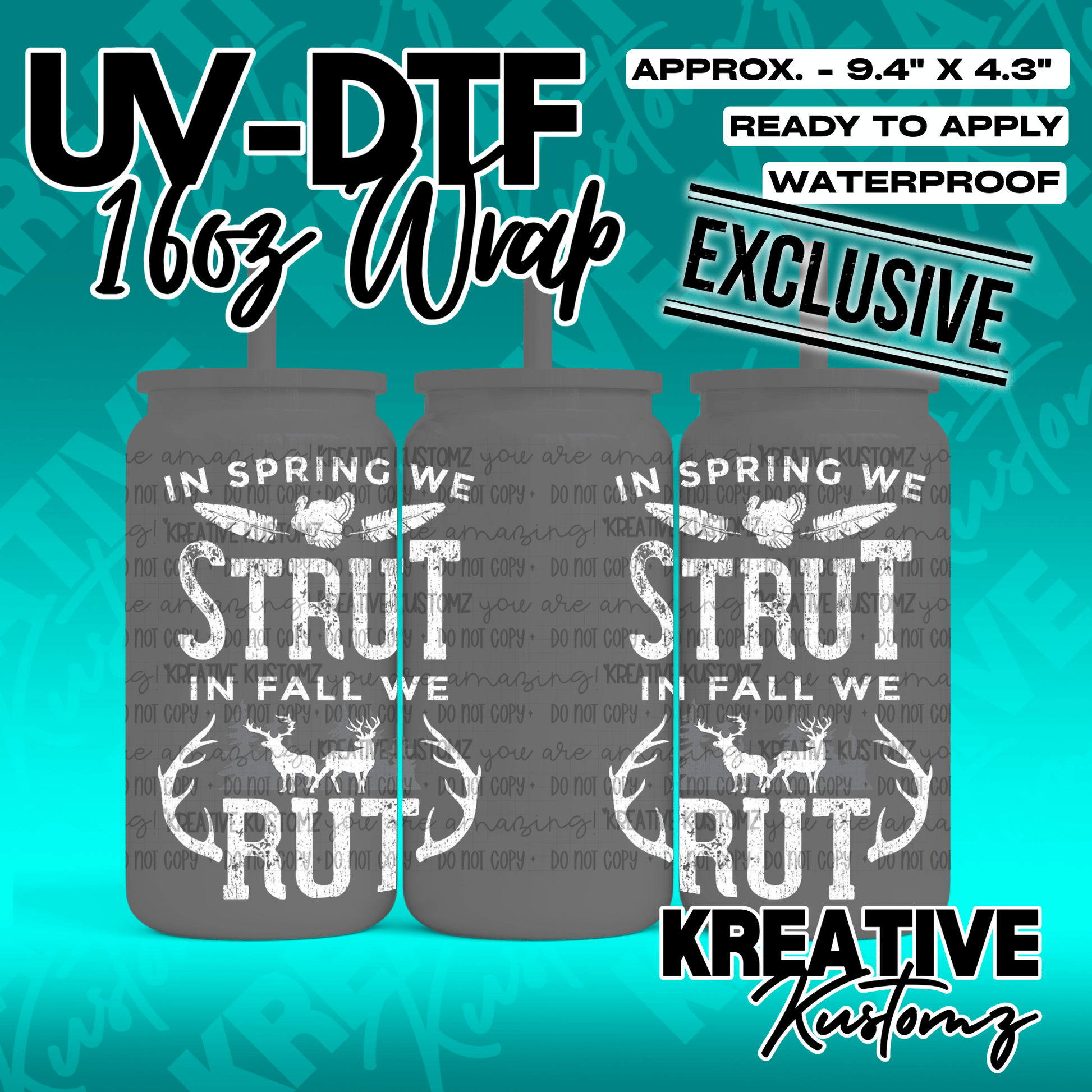 A white UV DTF decal for a 16oz glass cup featuring a turkey design and deer antlers.