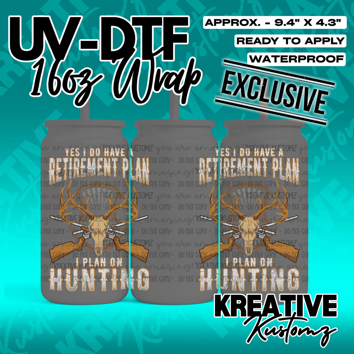 A UV DTF adhesive wrap for 16oz glass cups featuring a deer skull and hunting theme design.