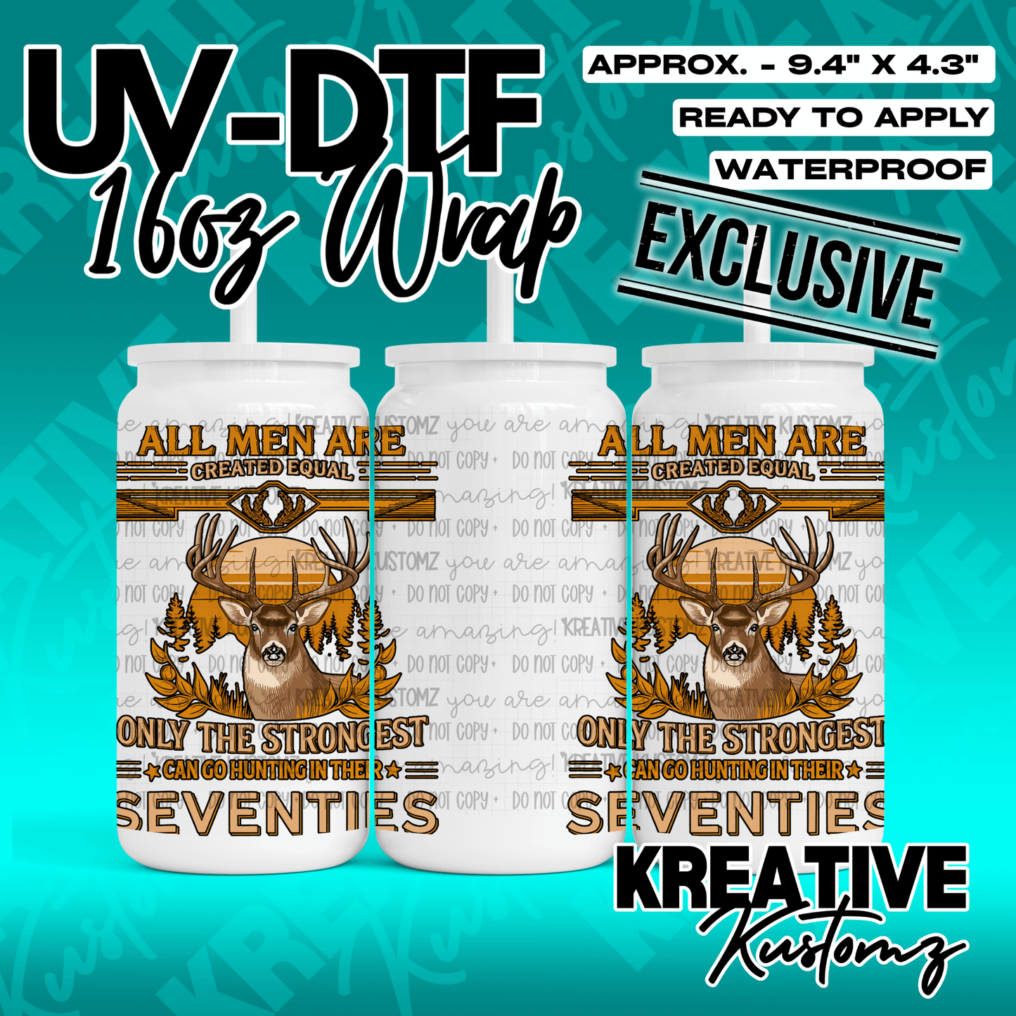 A UV DTF adhesive wrap for a 16oz glass cup featuring a deer and hunting-themed design.