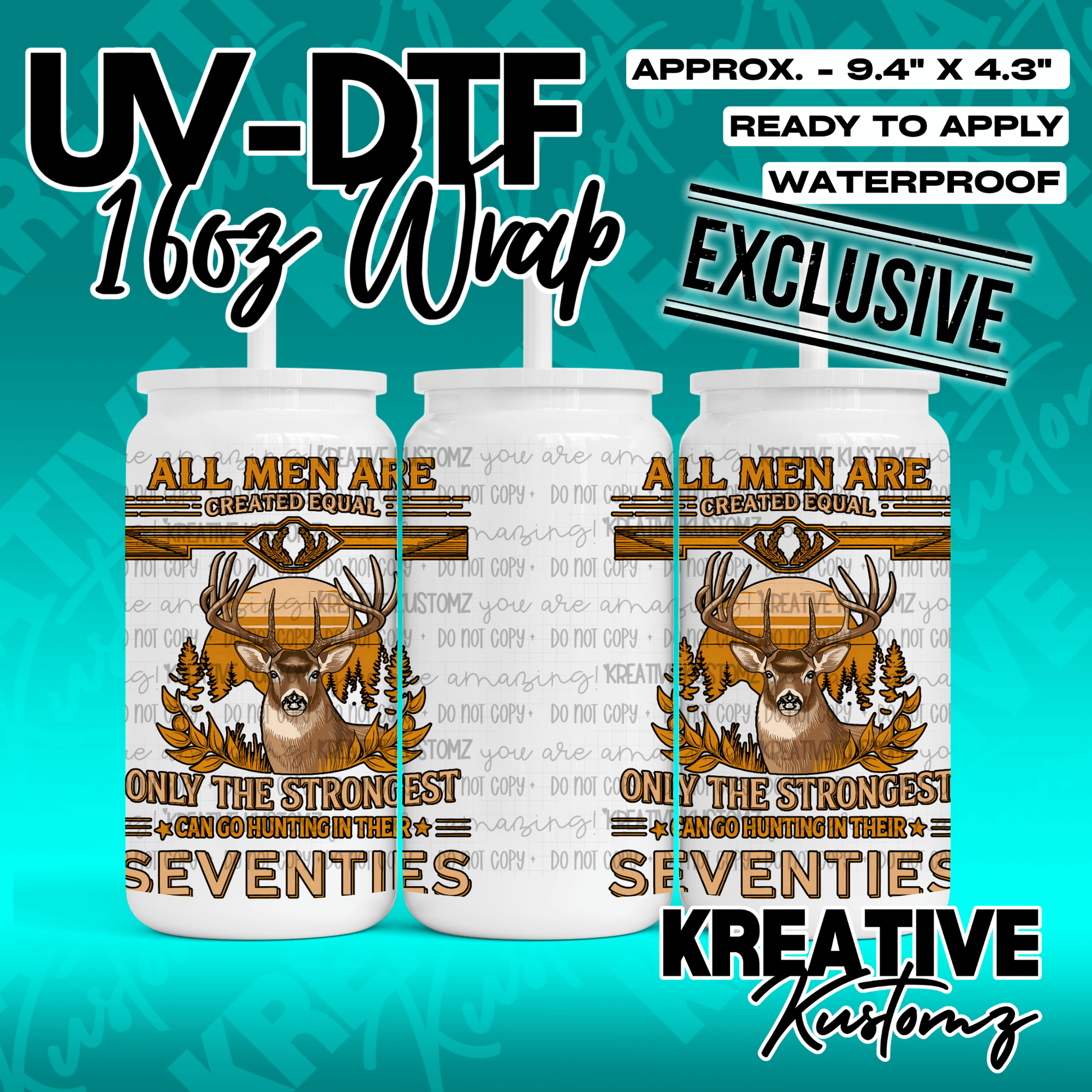 A UV DTF adhesive wrap for a 16oz glass cup featuring a deer and hunting-themed design.