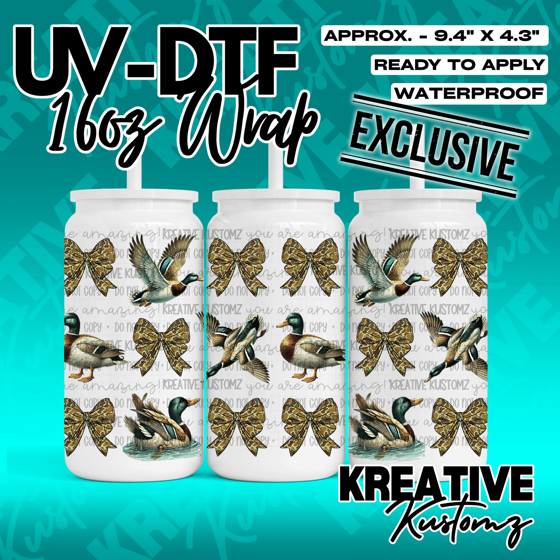 A UV DTF adhesive wrap for 16oz glass cans featuring a pattern of mallard ducks and leopard bows.