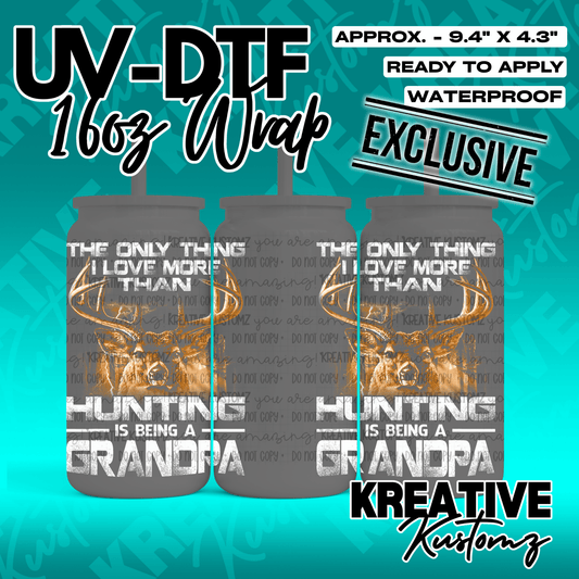 A UV DTF adhesive wrap for a 16oz glass can featuring a deer and the text about being a grandpa.