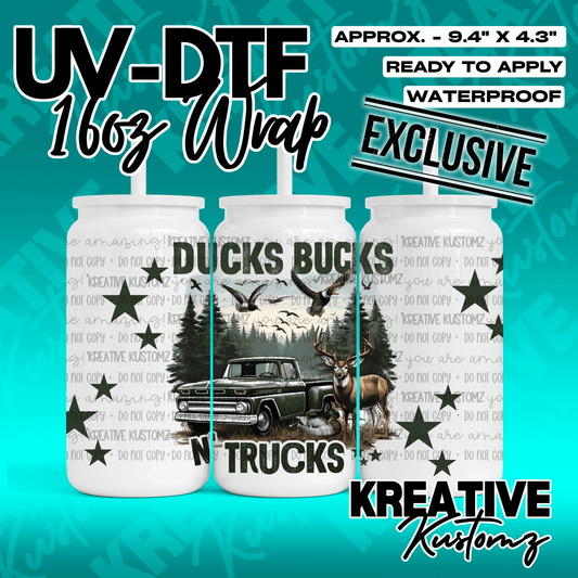 A UV DTF adhesive wrap for a 16oz glass can featuring a truck, deer, and ducks design.