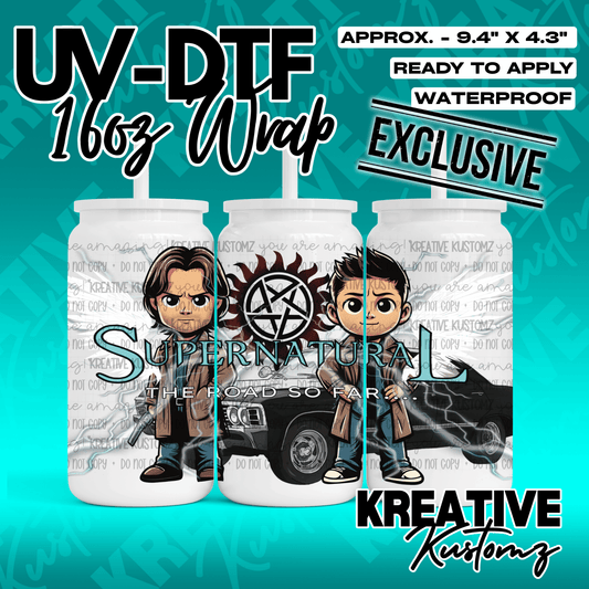 A Supernatural themed UV DTF adhesive wrap for 16oz glass cans featuring cartoon characters.