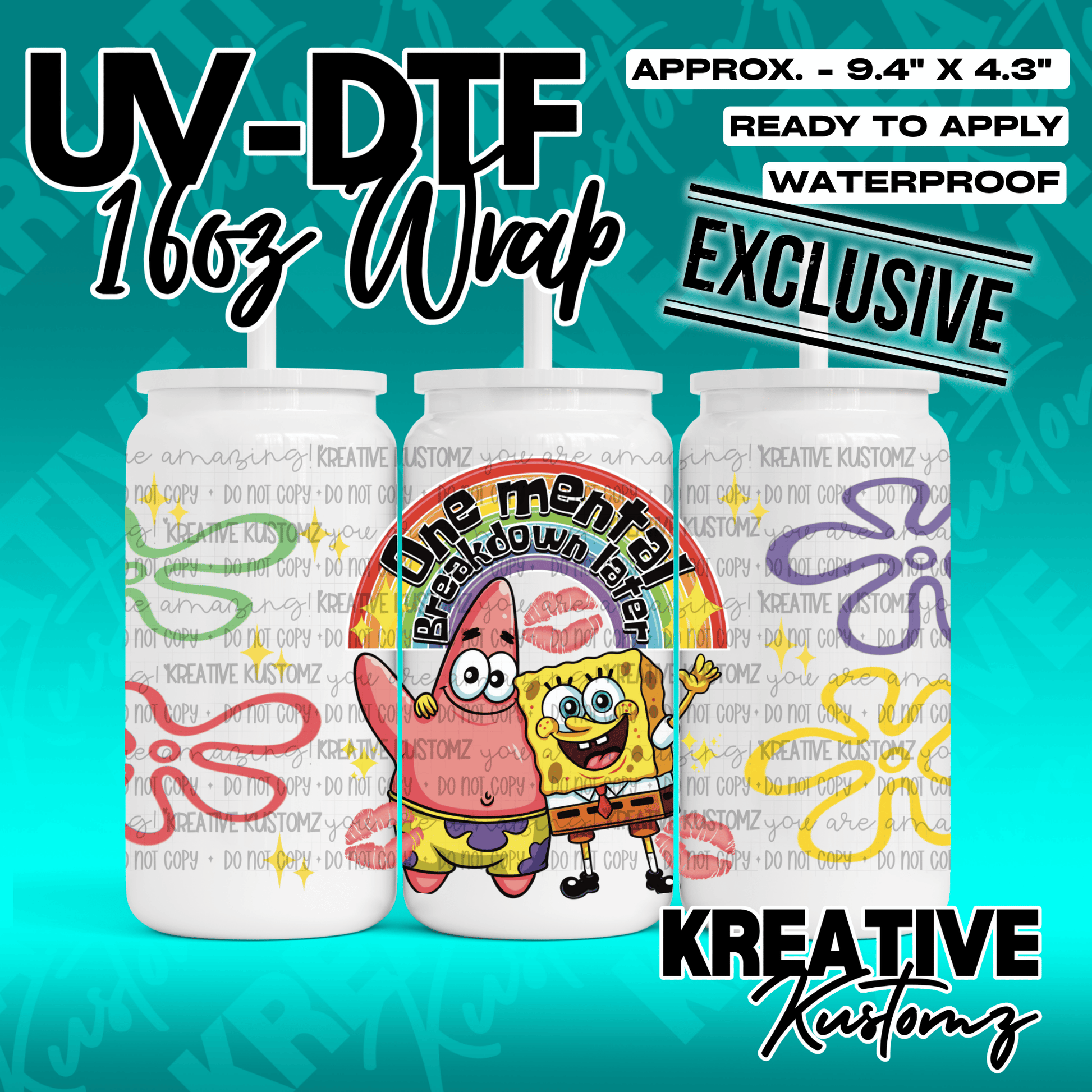 A UV DTF wrap for a 16oz glass cup featuring Spongebob and Patrick with a rainbow design.