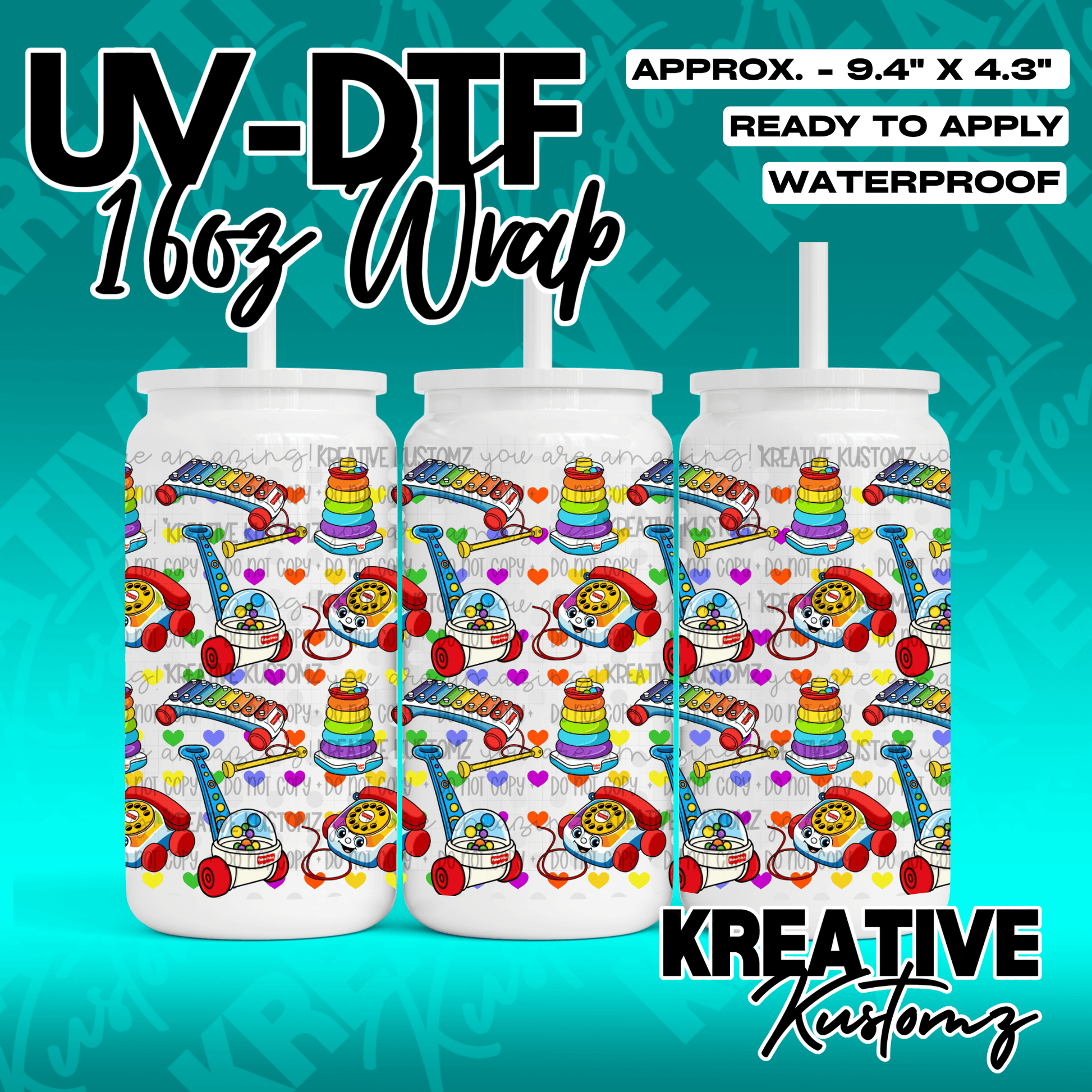 A UV DTF adhesive wrap for a 16oz glass can featuring a pattern of colorful vintage toys.