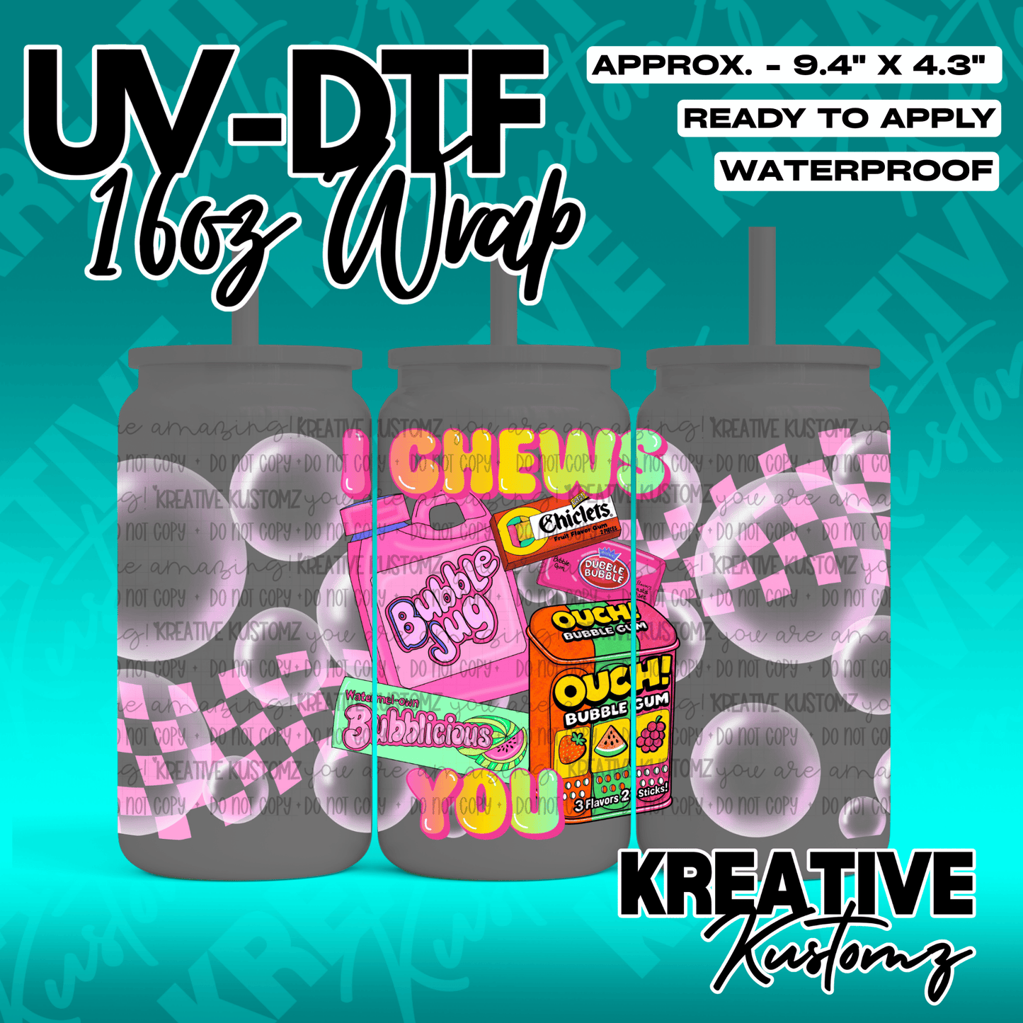 A colorful UV DTF adhesive wrap for 16oz glass cans featuring a retro candy and bubblegum theme.