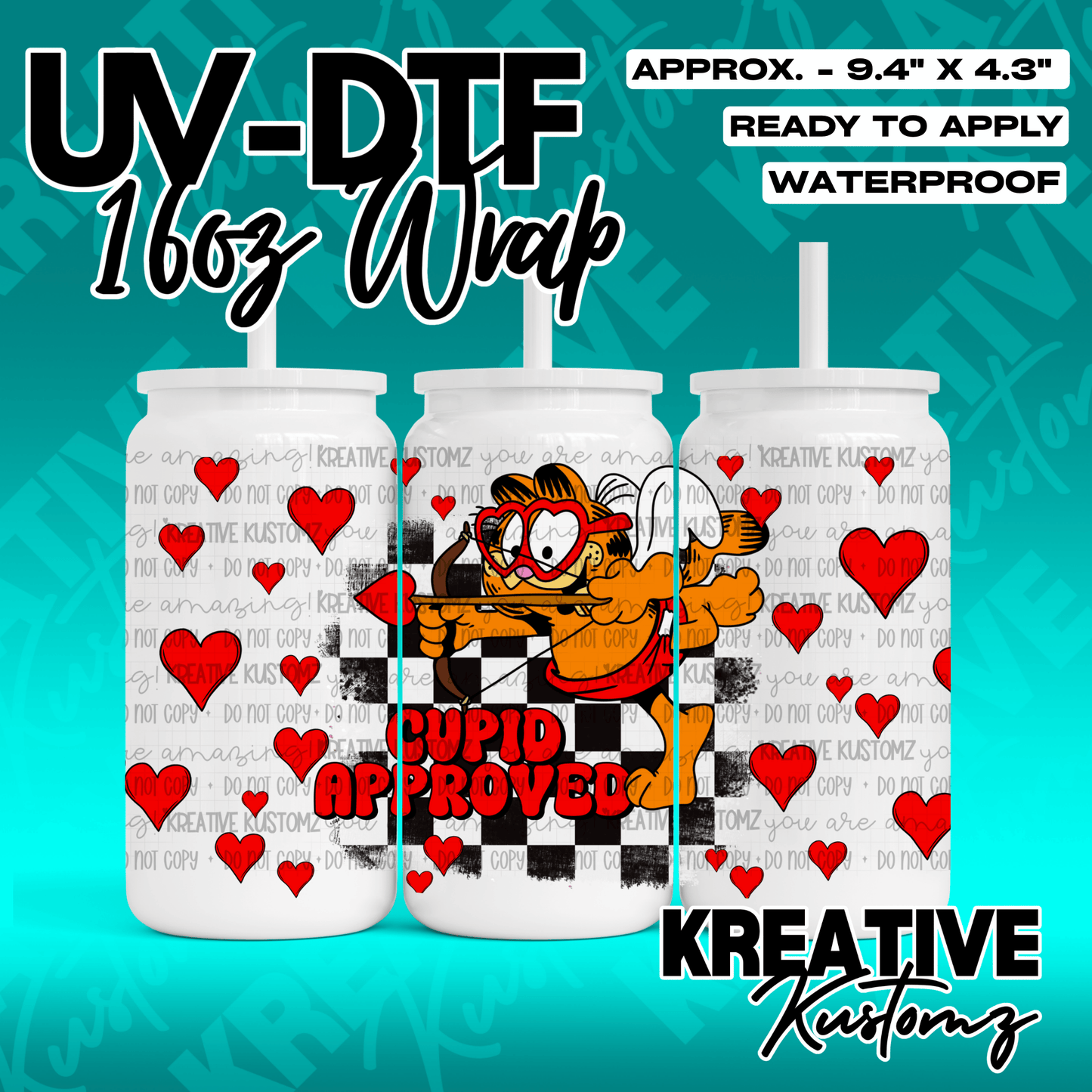 A Valentine themed UV DTF wrap for a 16oz glass can featuring Garfield as Cupid.