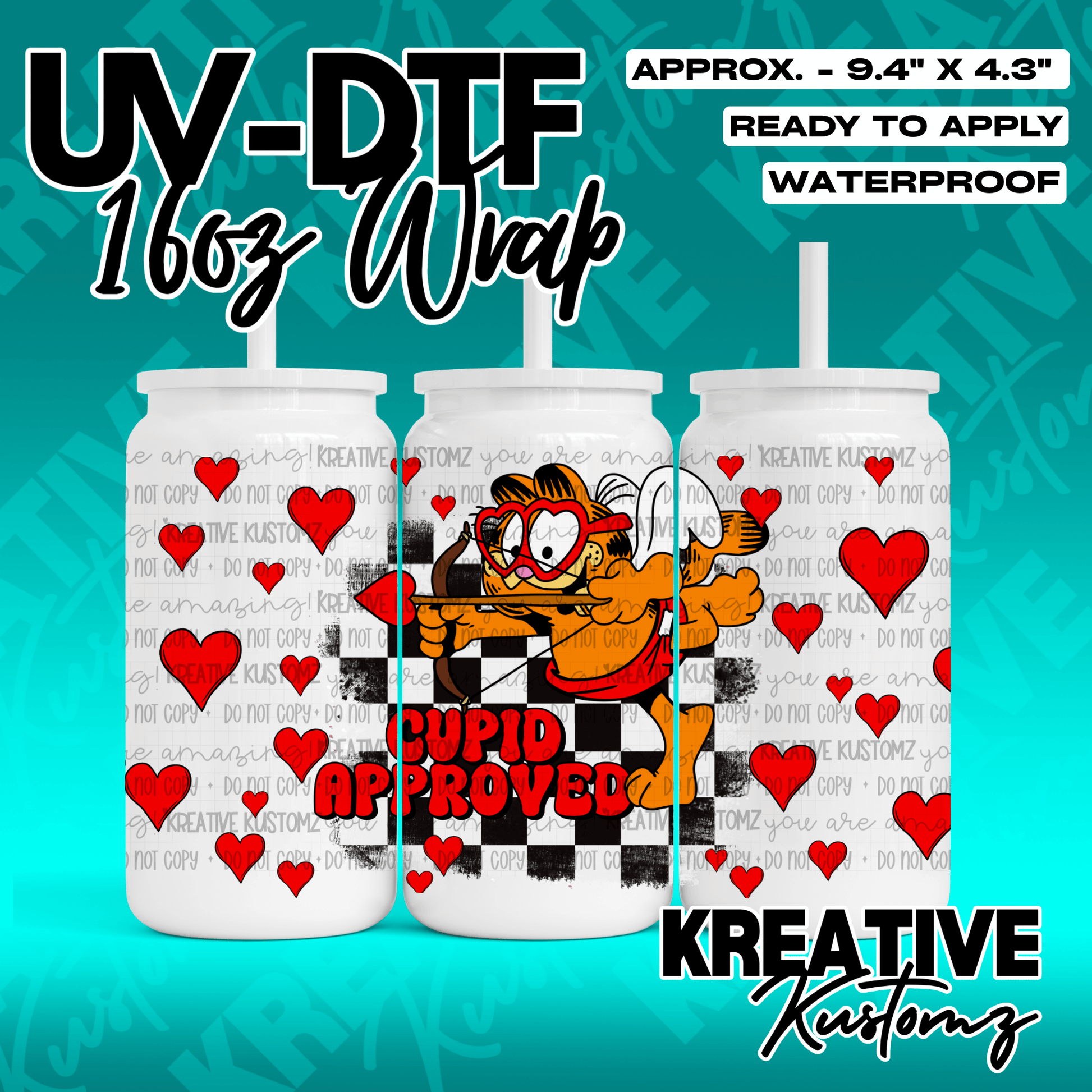A Valentine themed UV DTF wrap for a 16oz glass can featuring Garfield as Cupid.