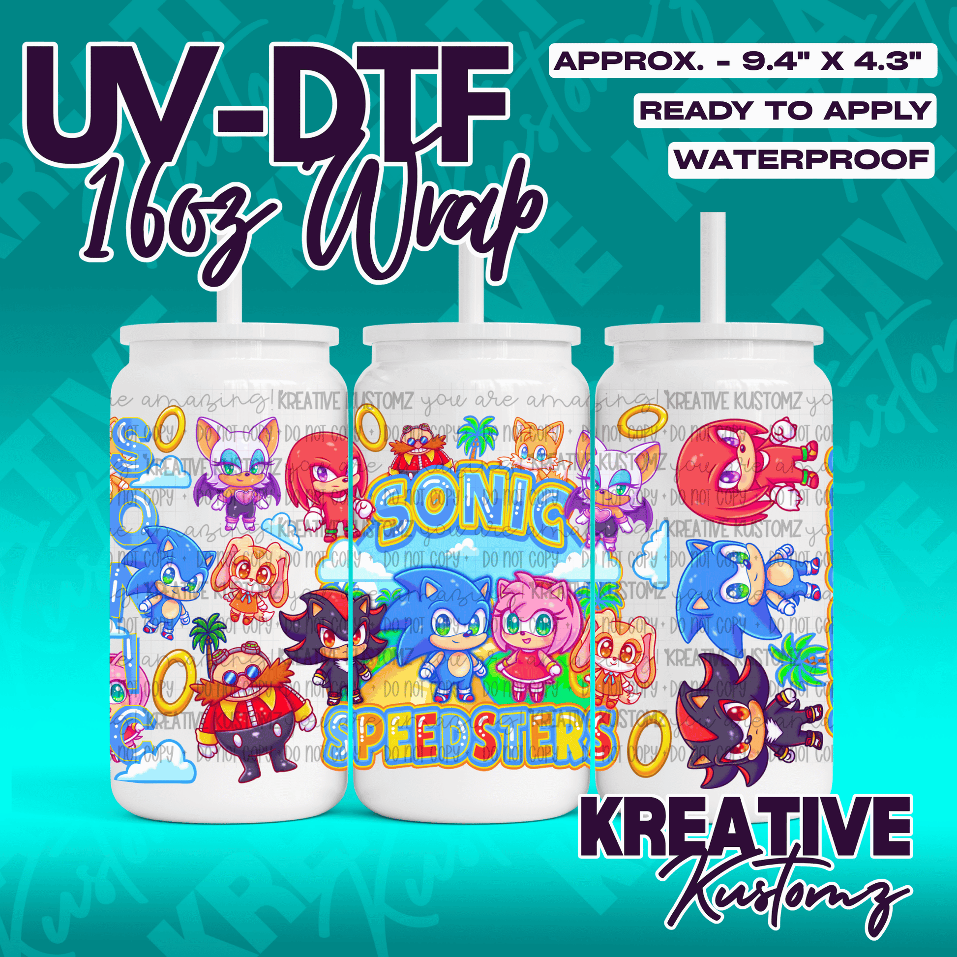 A UV DTF adhesive wrap featuring various Sonic the Hedgehog characters for 16oz glass cans.