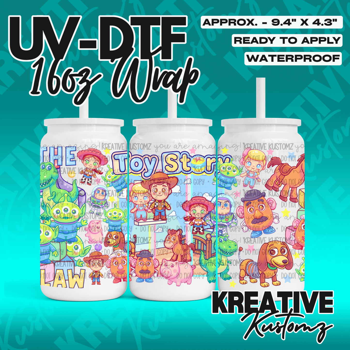 A Chibi Toy Story themed UV DTF adhesive wrap for 16oz glass cans.
