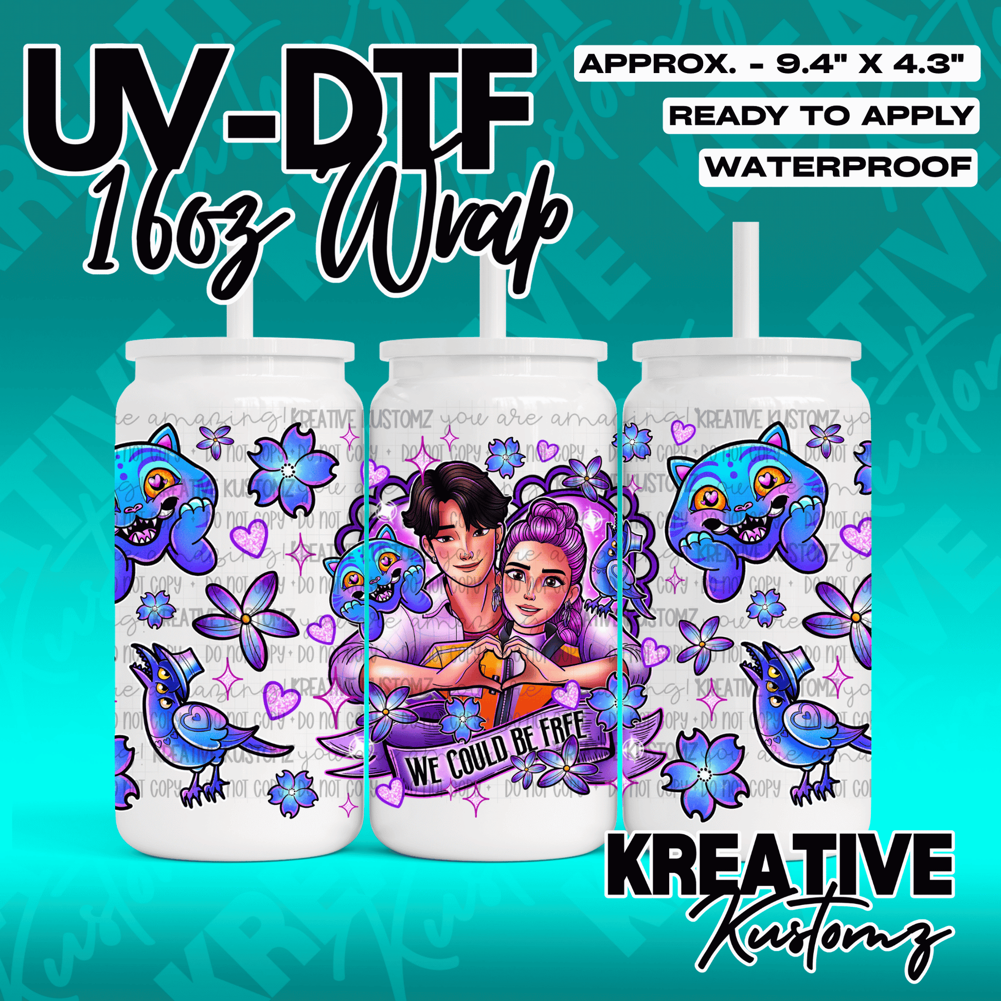 A UV DTF wrap decal for a 16oz glass can featuring a couple, blue creatures, and floral designs.