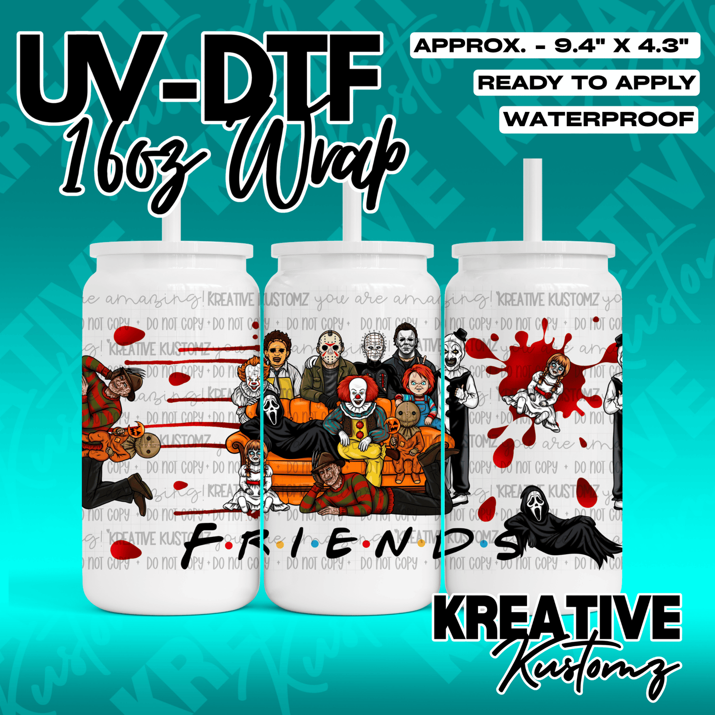 A horror movie character themed adhesive wrap for a 16oz glass cup.
