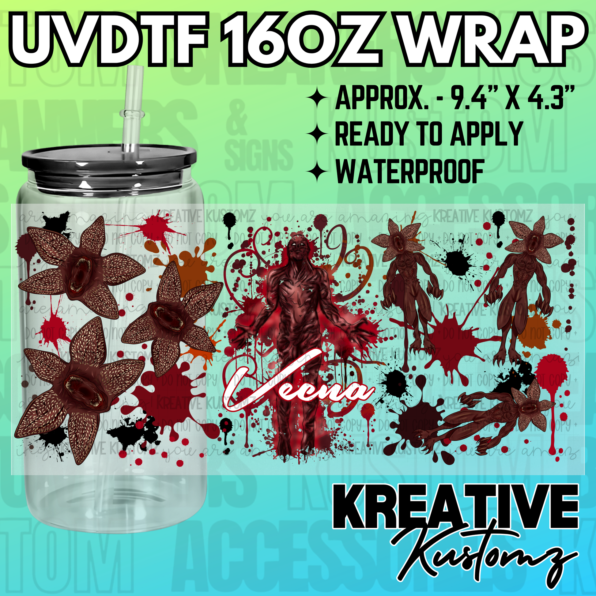 A UV DTF adhesive wrap for 16oz glass cans featuring Vecna and Demogorgon designs.