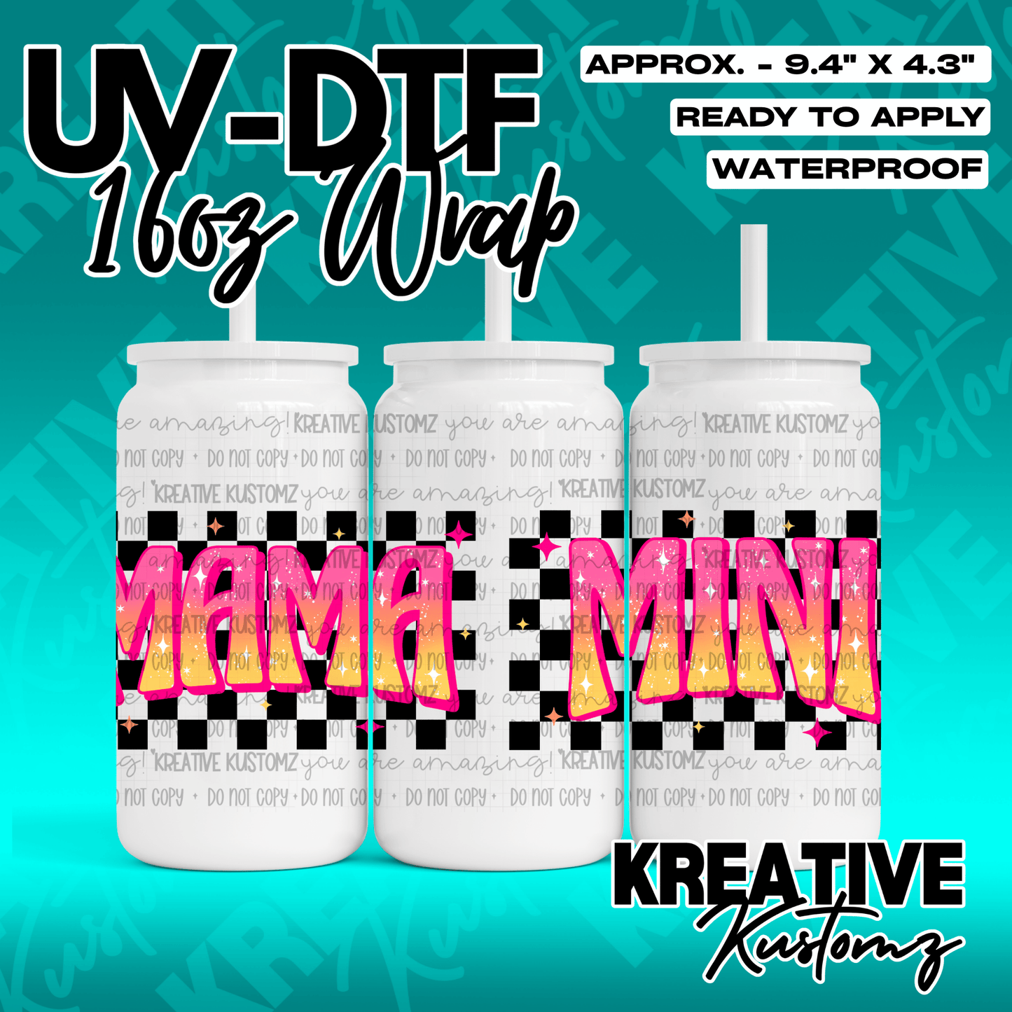A UV DTF adhesive wrap for 16oz glass cans featuring a black and white checkerboard pattern.