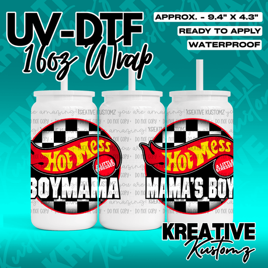Two UV DTF cup wraps featuring a Hot Wheels style logo that says Hot Mess Boy Mama and Mama's Boy.