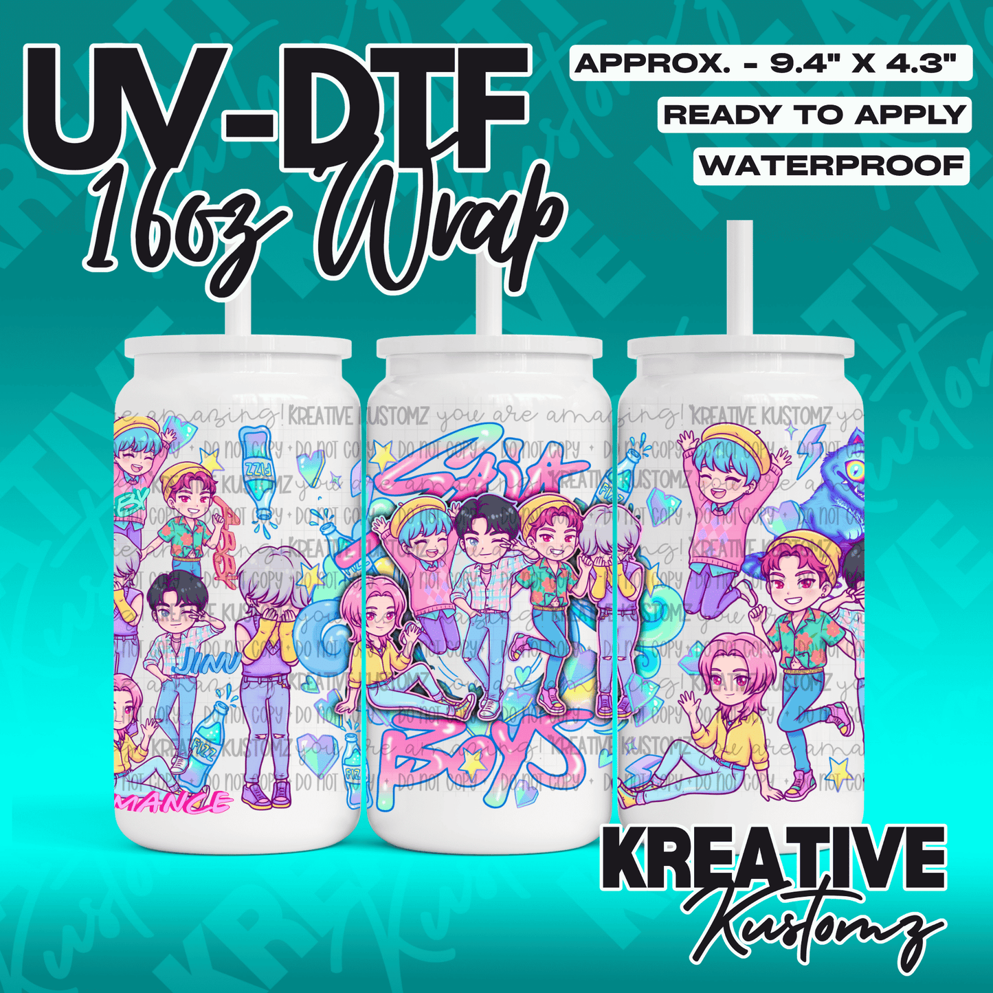 A UV DTF adhesive wrap for a 16oz glass cup featuring a colorful anime-style character design.