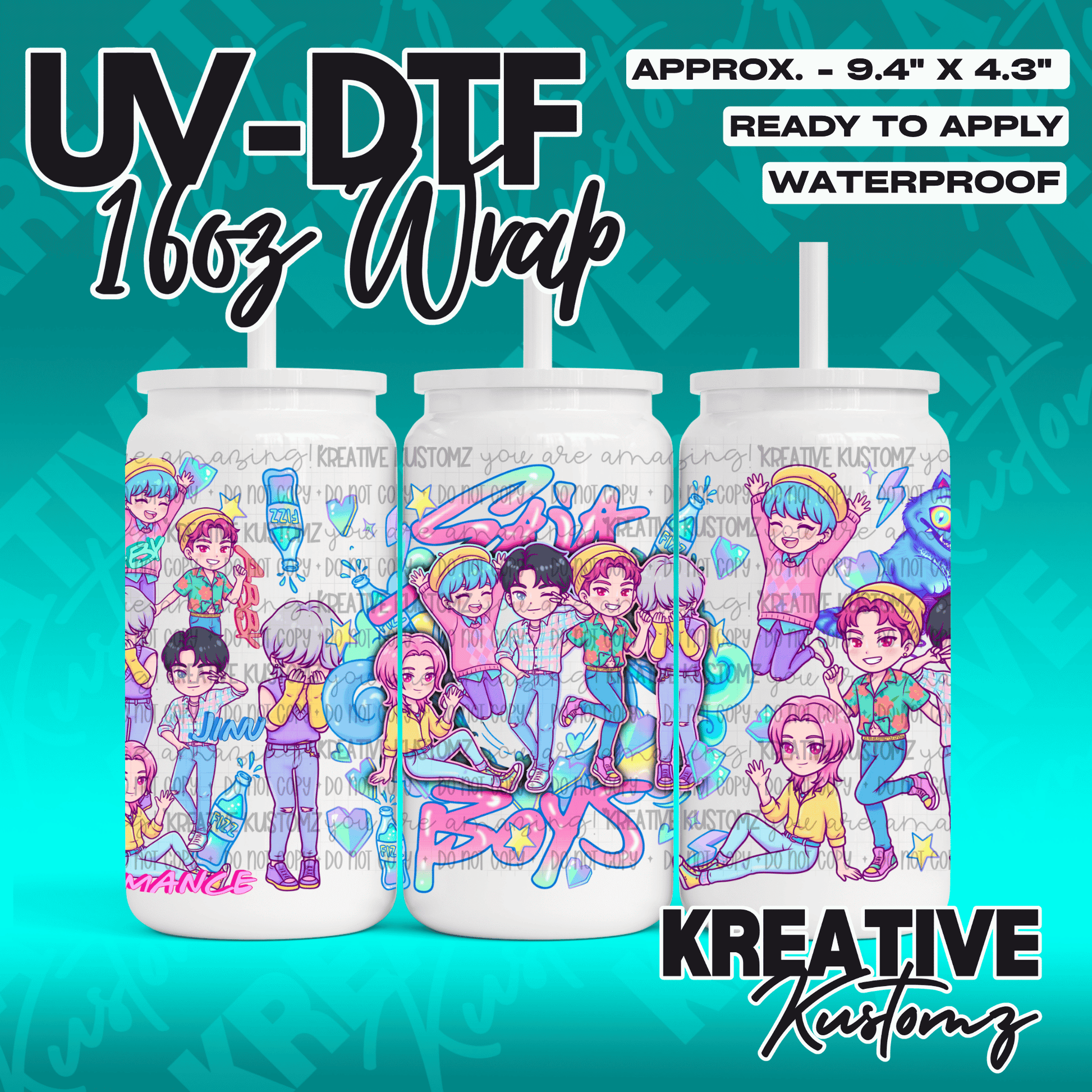 A UV DTF adhesive wrap for a 16oz glass cup featuring a colorful anime-style character design.