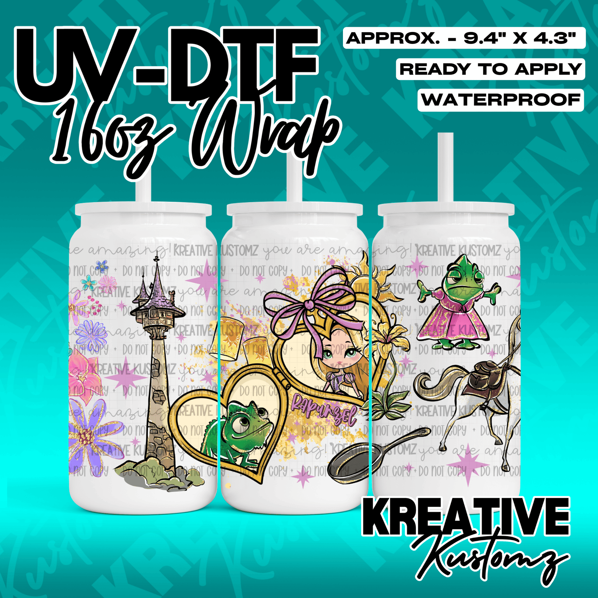 A Rapunzel themed UV DTF adhesive wrap for a 16oz glass can cup.