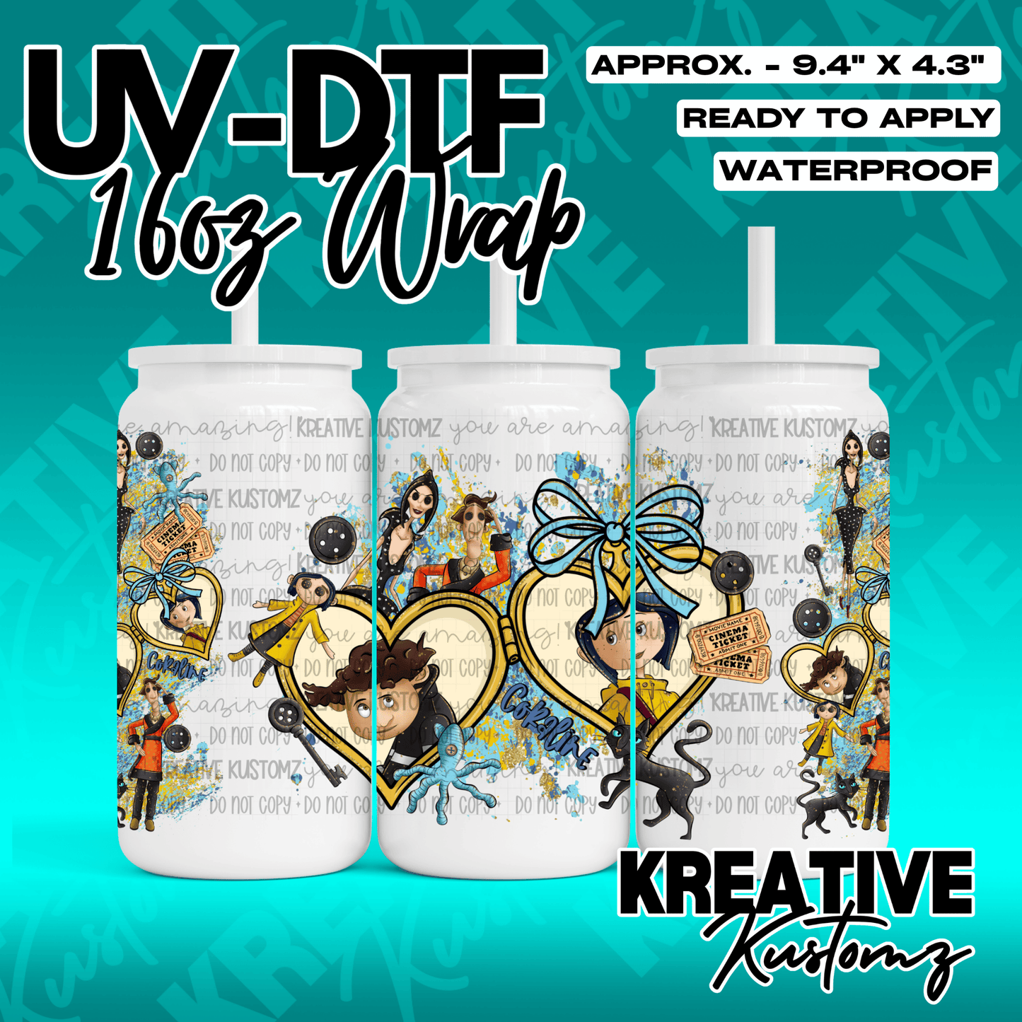 A Coraline themed UV DTF adhesive wrap for a 16oz glass cup featuring characters and motifs.
