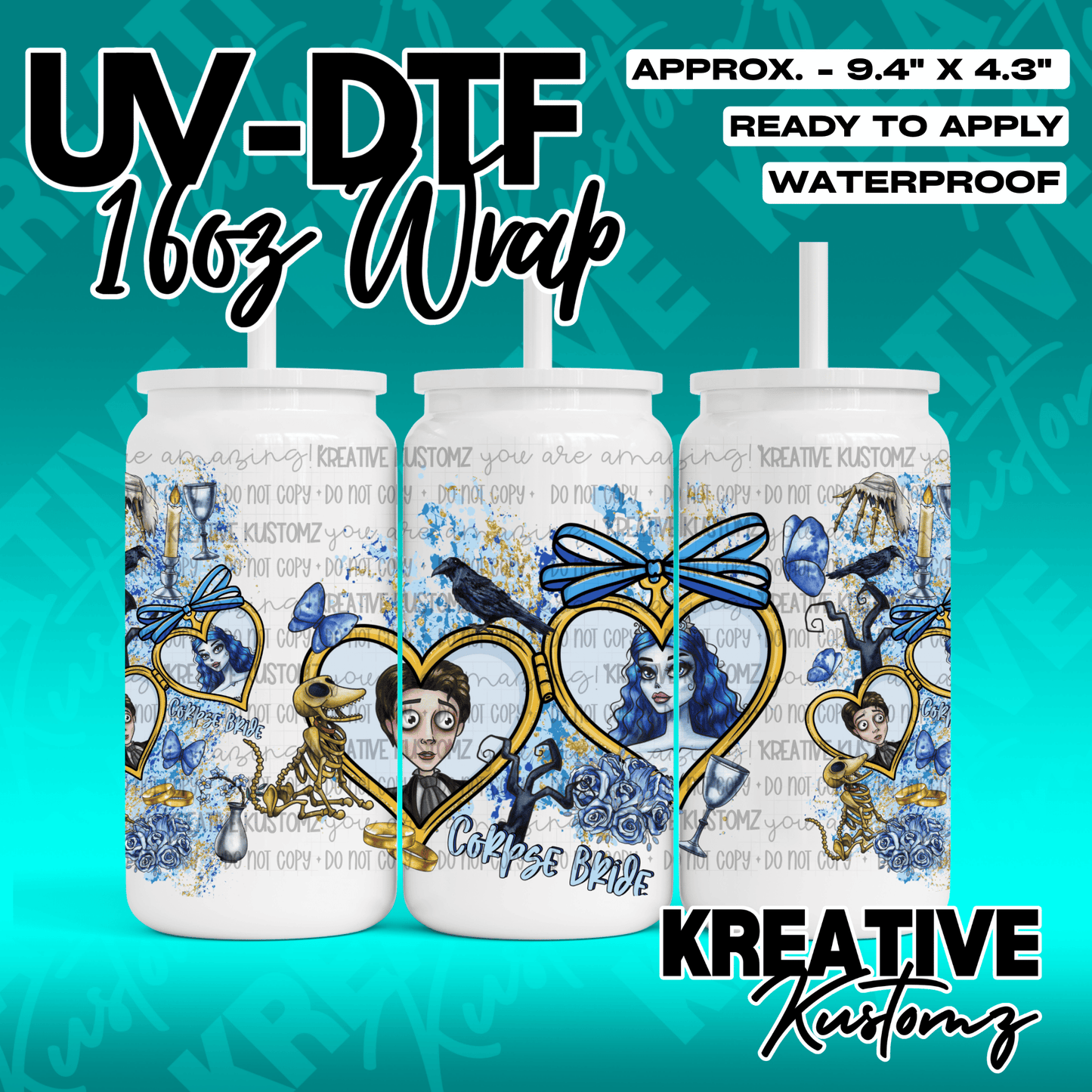 A Corpse Bride themed UV DTF cup wrap featuring blue floral and character designs.