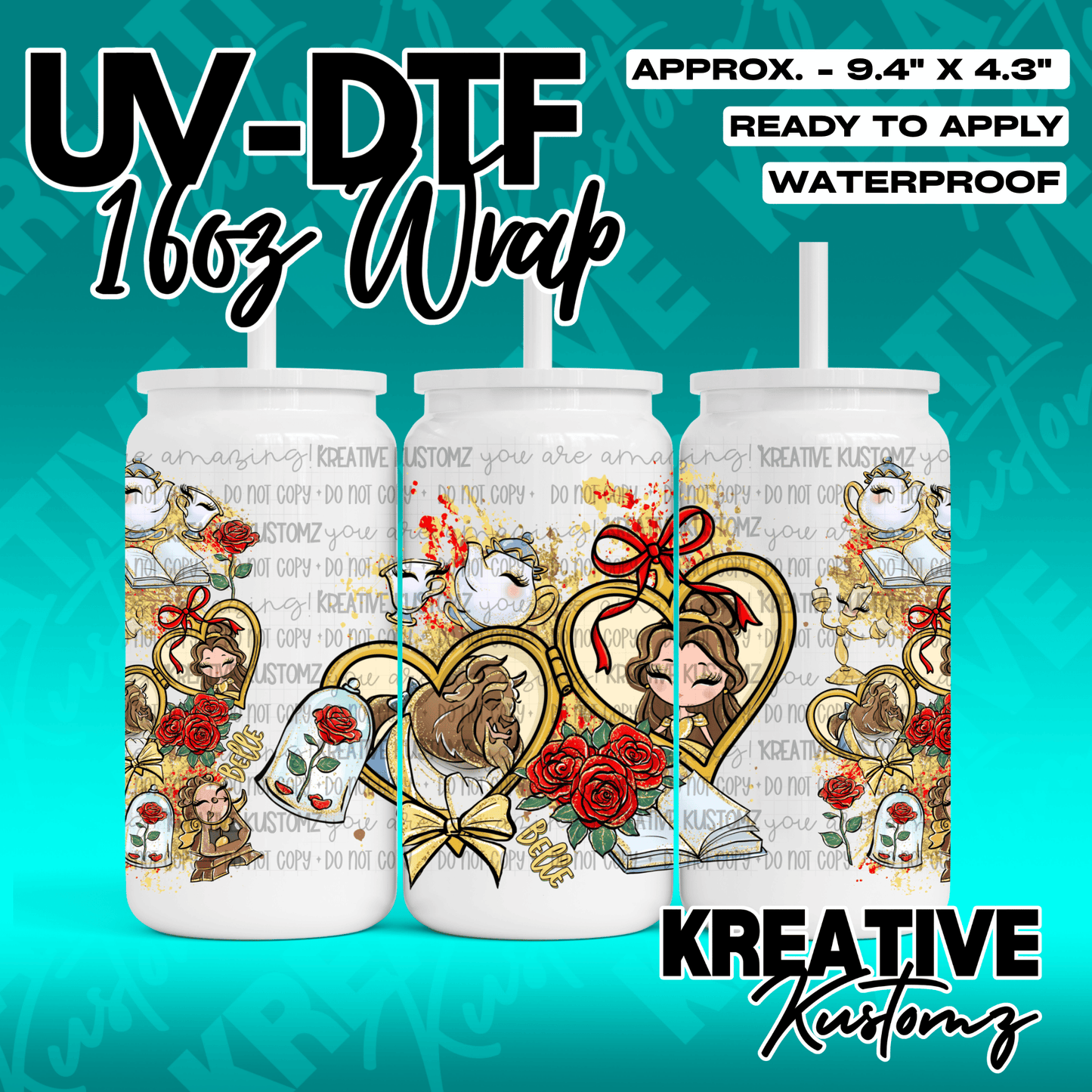 A Beauty and the Beast themed UV DTF wrap for a 16oz glass can cup.