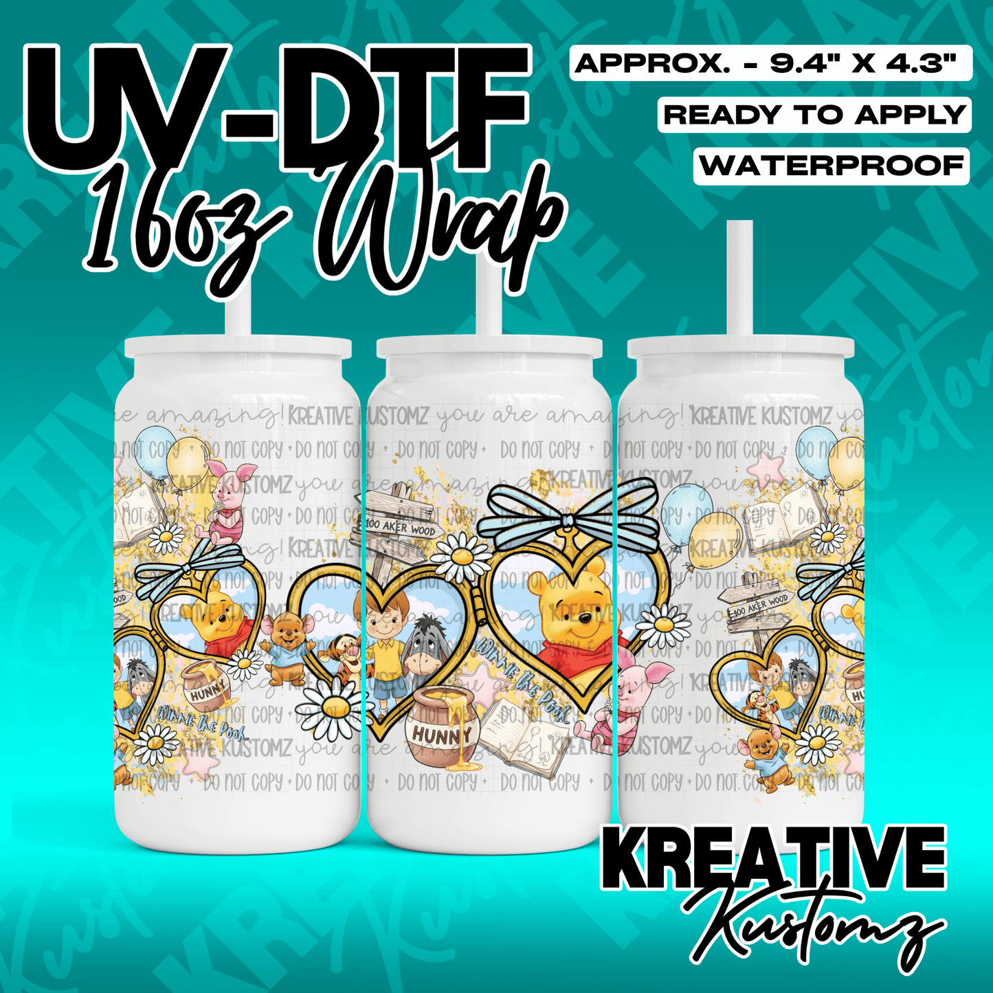 A Winnie the Pooh themed UV DTF adhesive wrap for 16oz glass cans featuring character illustrations.
