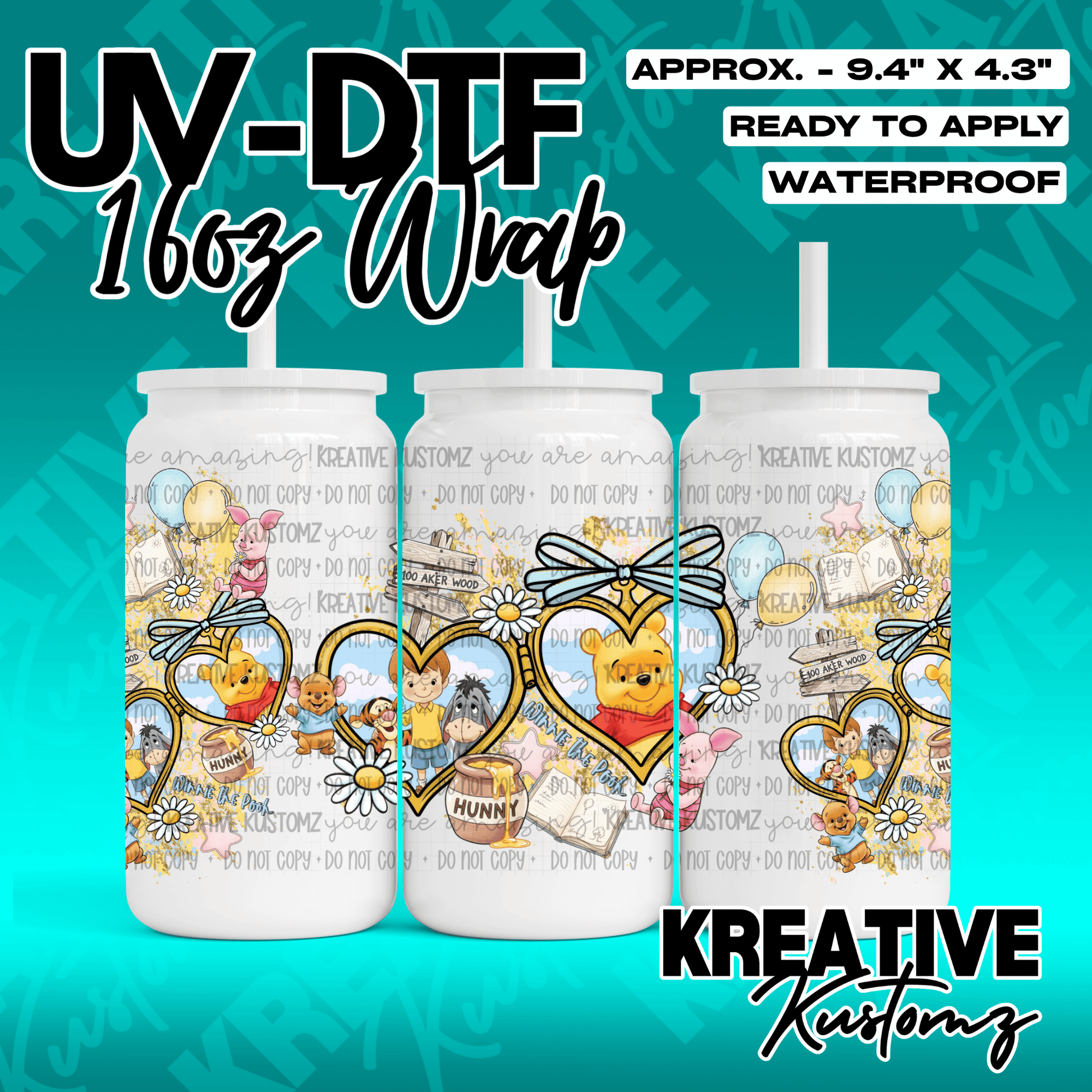 A Winnie the Pooh themed UV DTF adhesive wrap for 16oz glass cans featuring character illustrations.