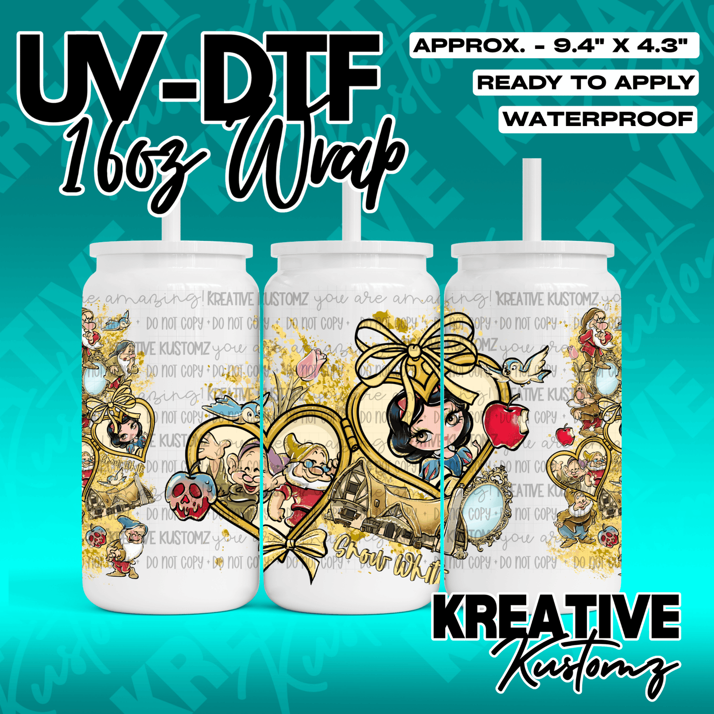 A Snow White themed UV DTF adhesive wrap for a 16oz glass can cup.