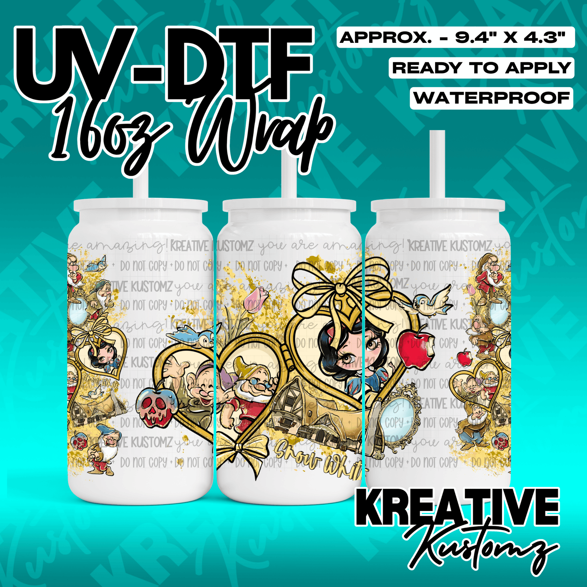 A Snow White themed UV DTF adhesive wrap for a 16oz glass can cup.