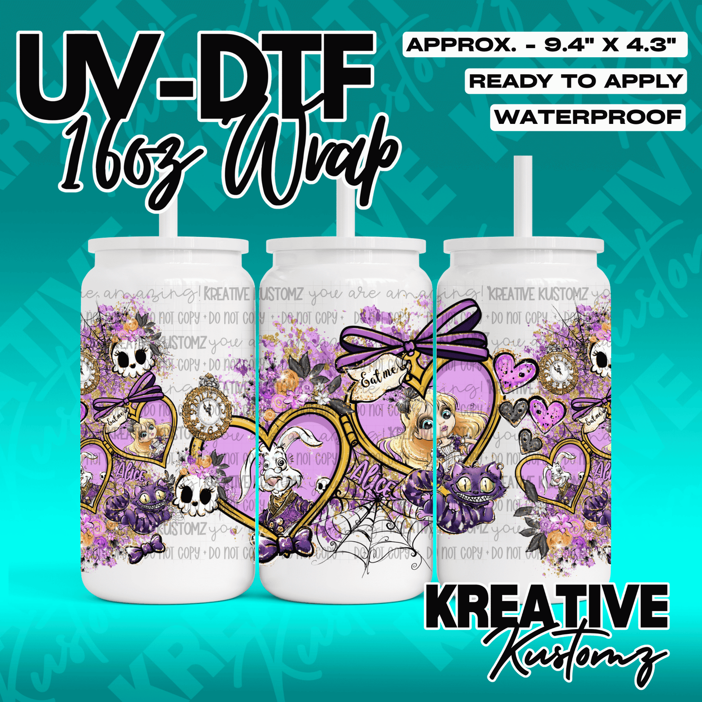 An Alice in Wonderland themed UV DTF wrap for a 16oz glass can featuring floral and character art.