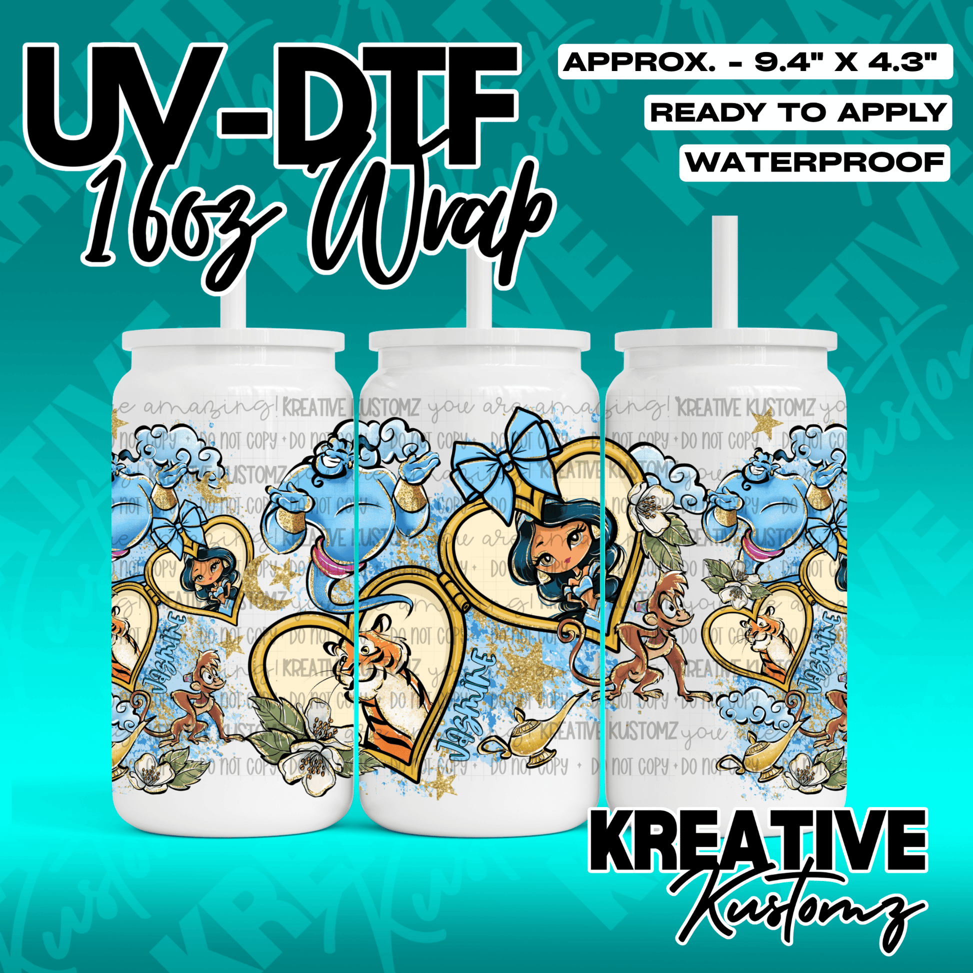 A 16oz glass can wrap featuring a colorful Aladdin-themed design with Jasmine and the Genie.