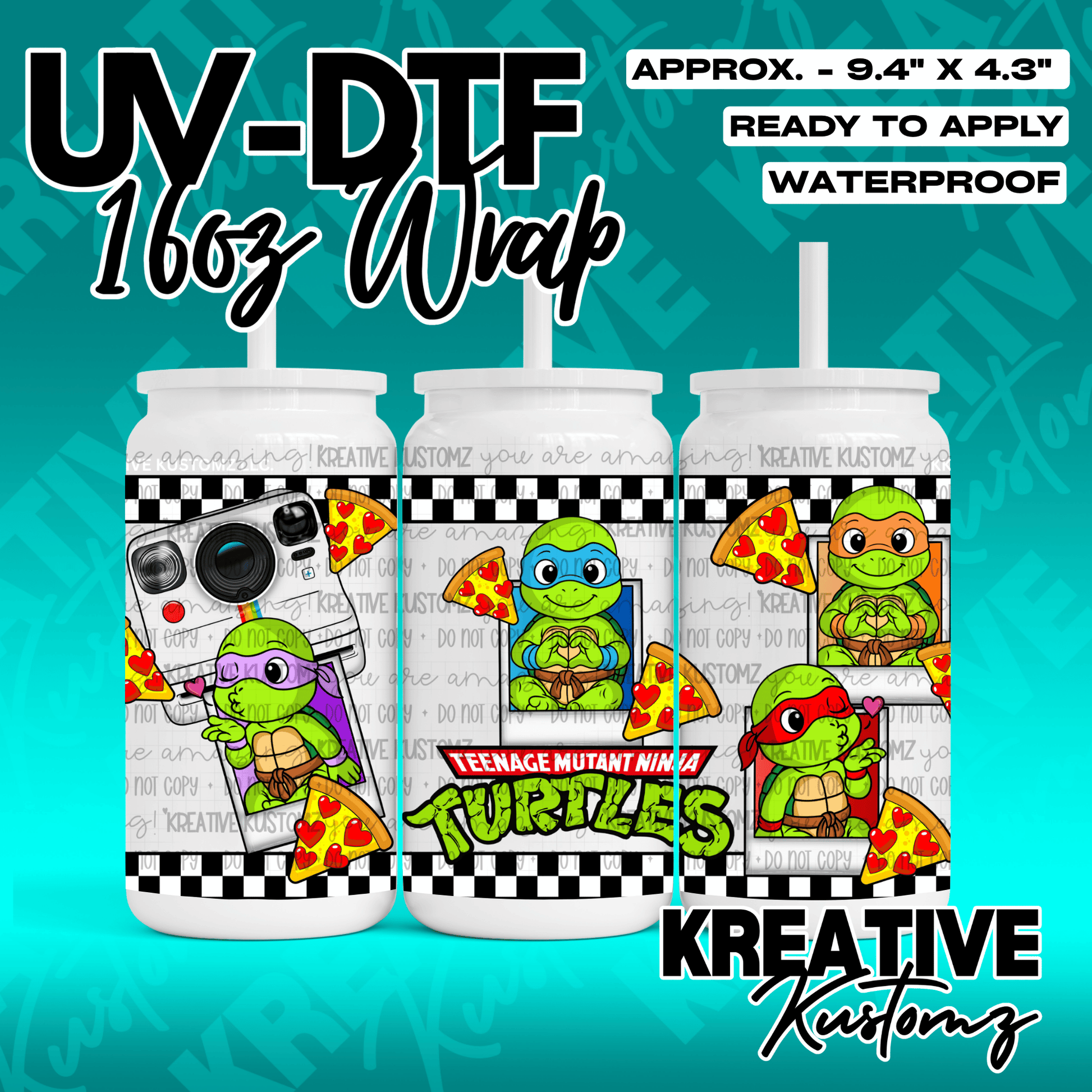 A Teenage Mutant Ninja Turtles themed UV DTF wrap for a 16oz glass can.