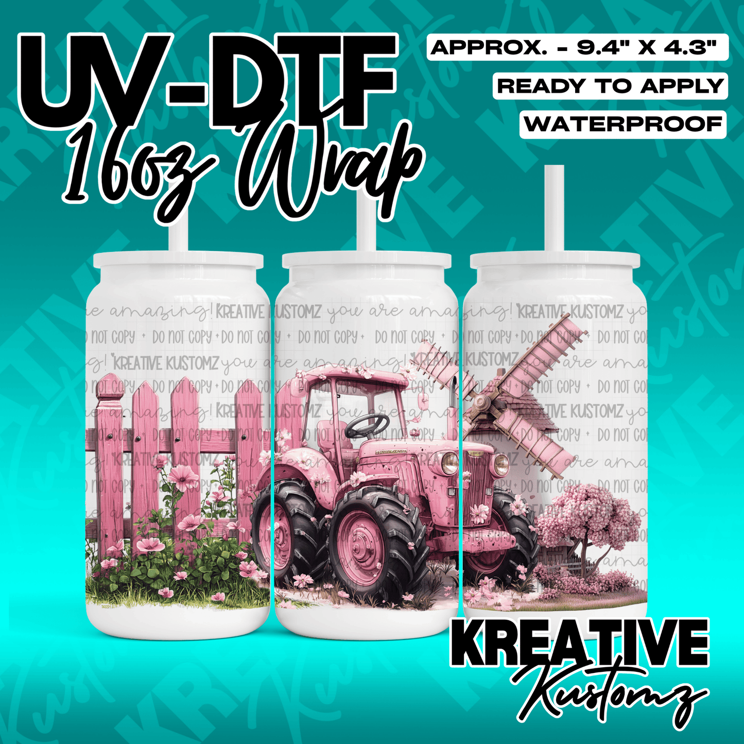 A pink tractor and windmill themed UV DTF adhesive wrap for a 16oz glass can.
