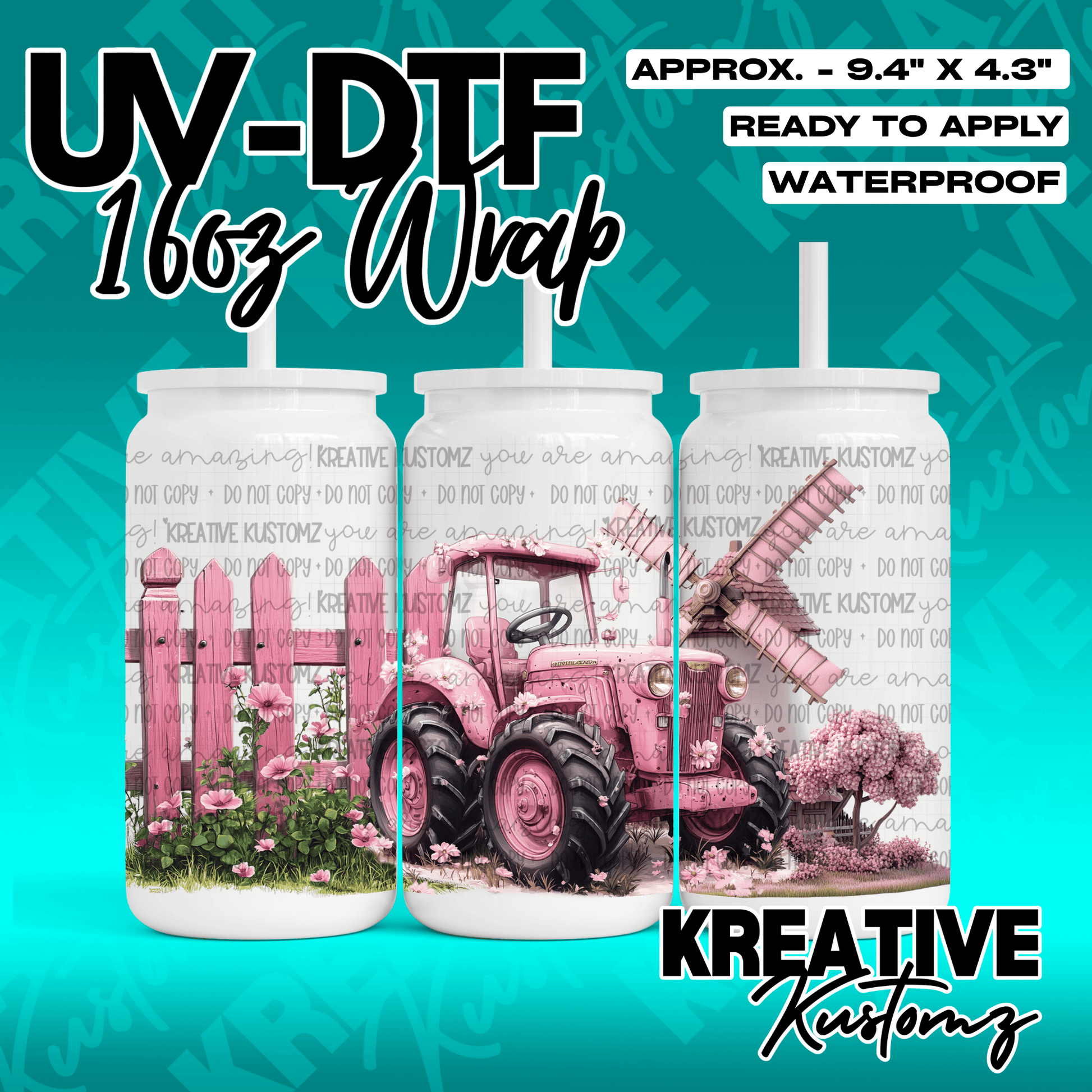 A pink tractor and windmill themed UV DTF adhesive wrap for a 16oz glass can.
