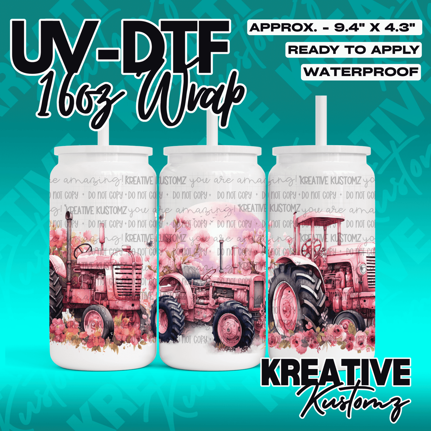 A pink tractor and floral design UV DTF wrap for a 16oz glass can.