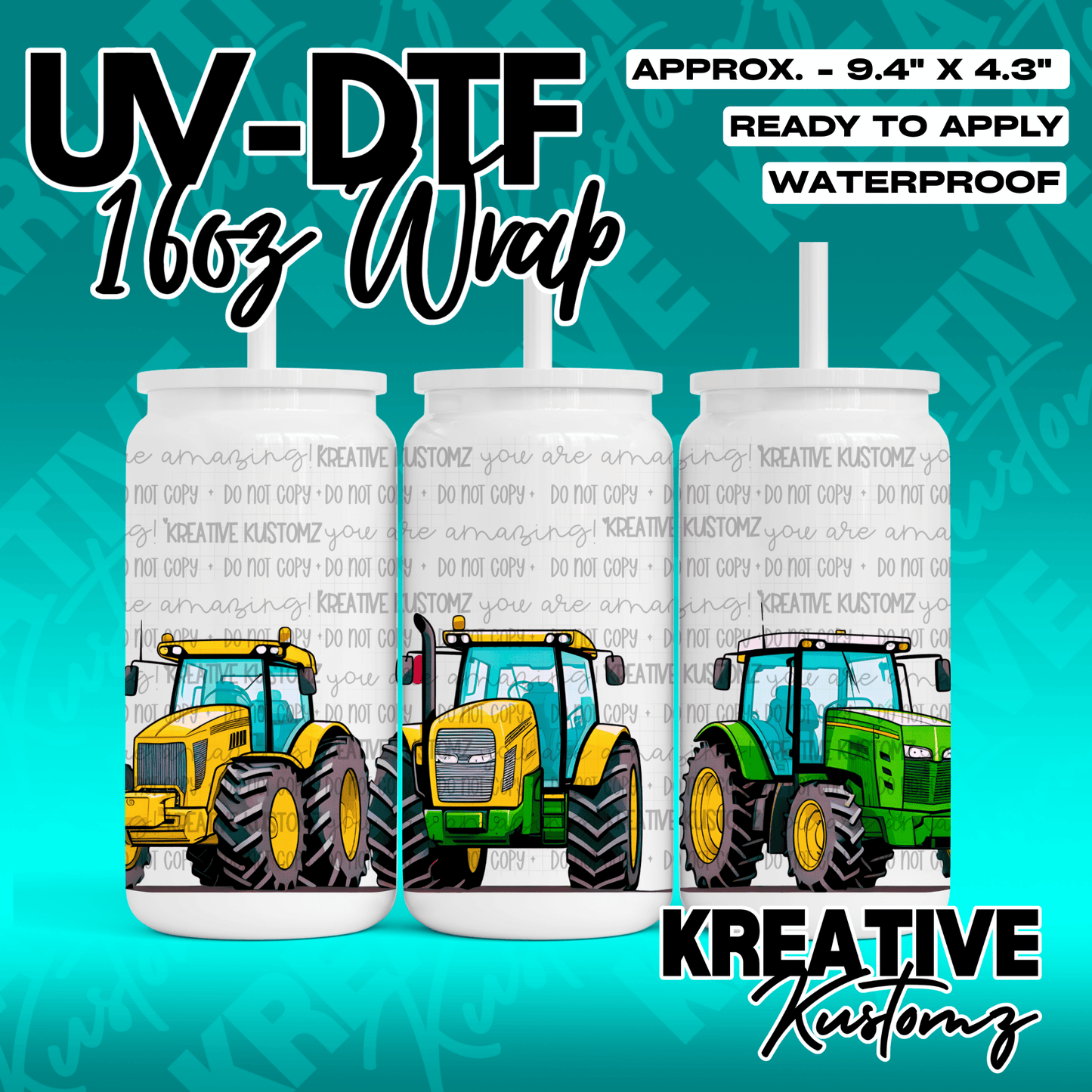 A UV DTF adhesive wrap for 16oz glass cans featuring a pattern of three different tractors.