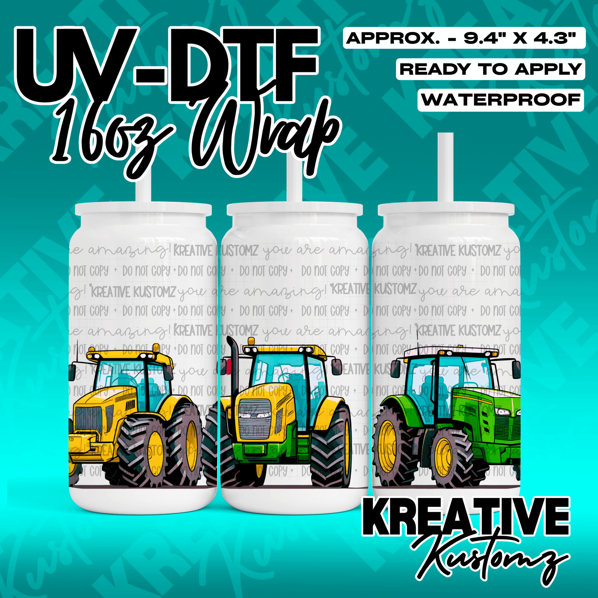 A UV DTF adhesive wrap for 16oz glass cans featuring a pattern of three different tractors.
