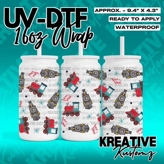 A UV DTF cup wrap featuring a pattern of red and black trains on a white background.