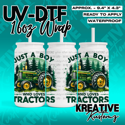 A UV DTF adhesive wrap for a 16oz glass can featuring a green tractor and forest design.